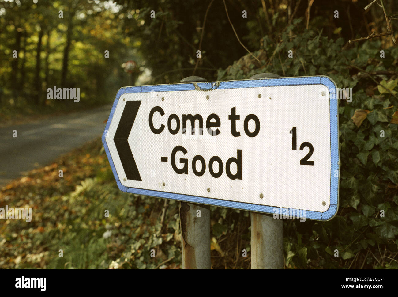Road sign showing Come to Good 1 2 Cornwall England Great Britain ...