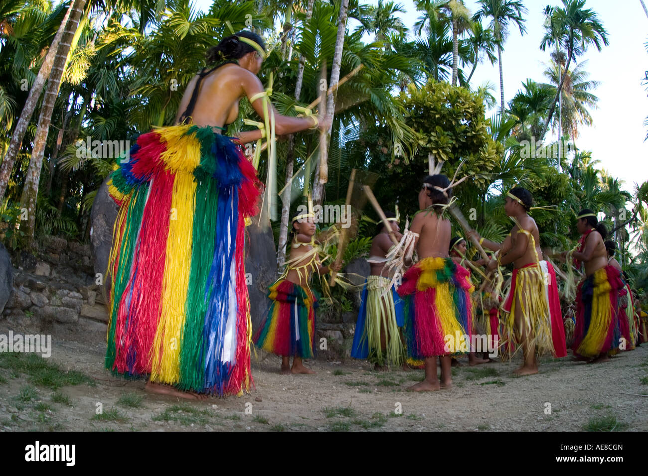 Dancers perform a traditional dance ceremony on Yap, Micronesia. Stock Photo