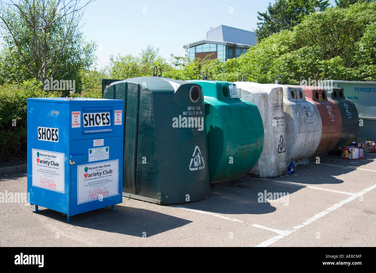 Recycling Containers in Supermarket Car Park Stock Photo