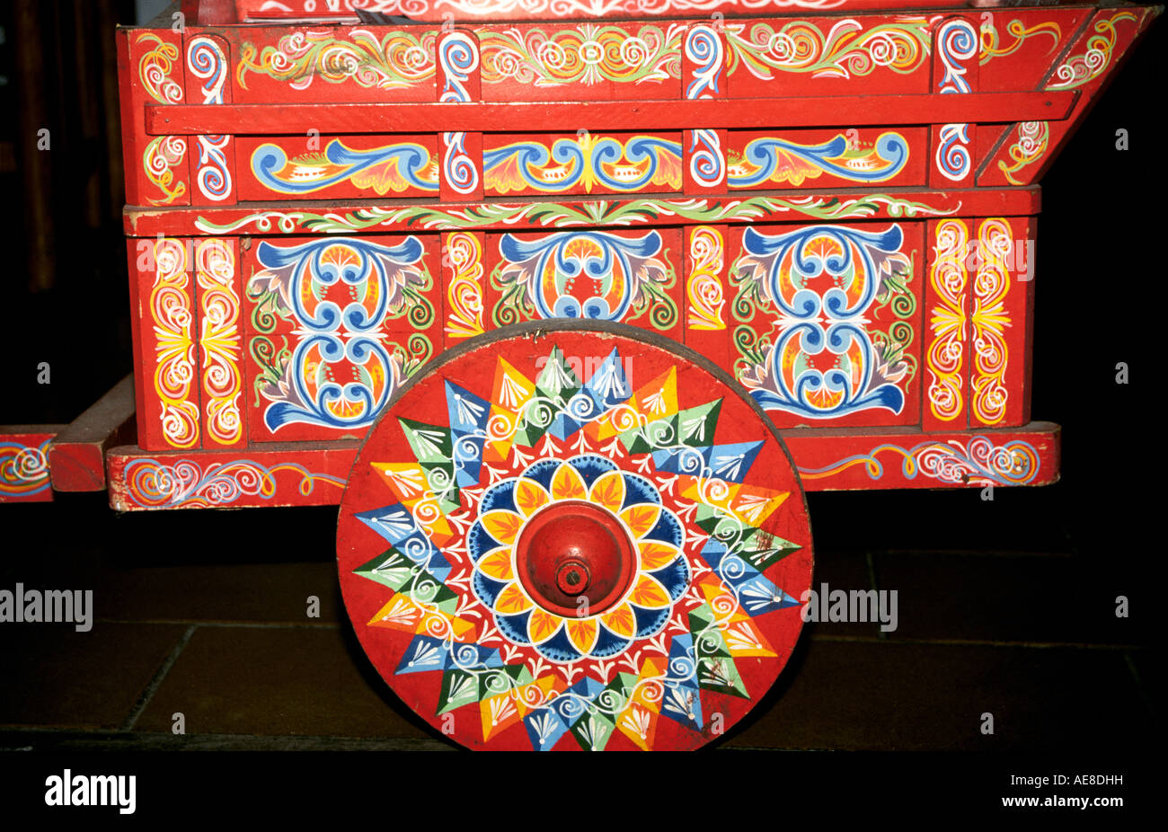 Detail of a hand made and hand painted traditional Costa Rican ox cart in the village of Sarchi, Costa Rica. Stock Photo