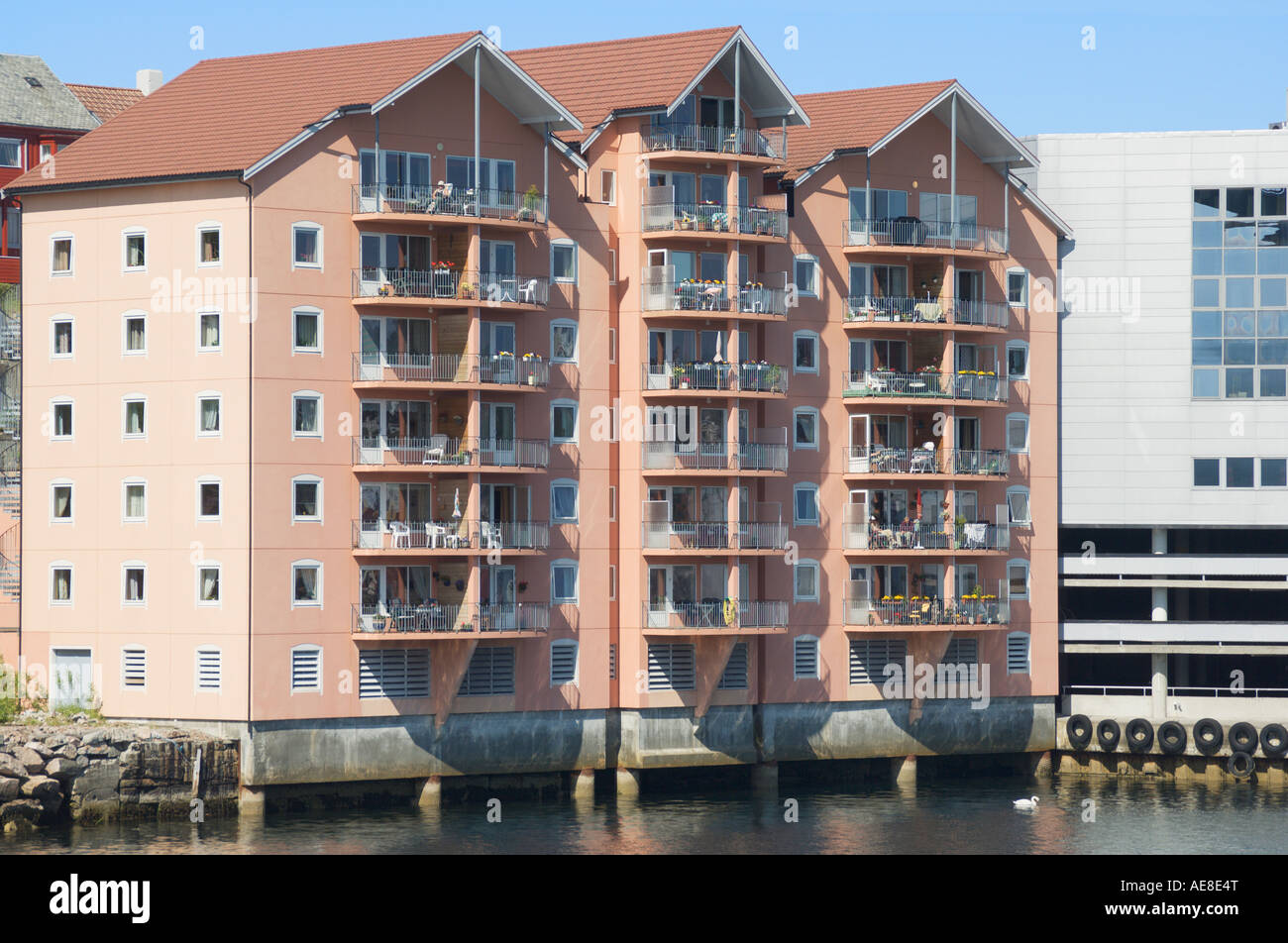 Apartment building in Kristiansund Norway viewed from the ferry Stock