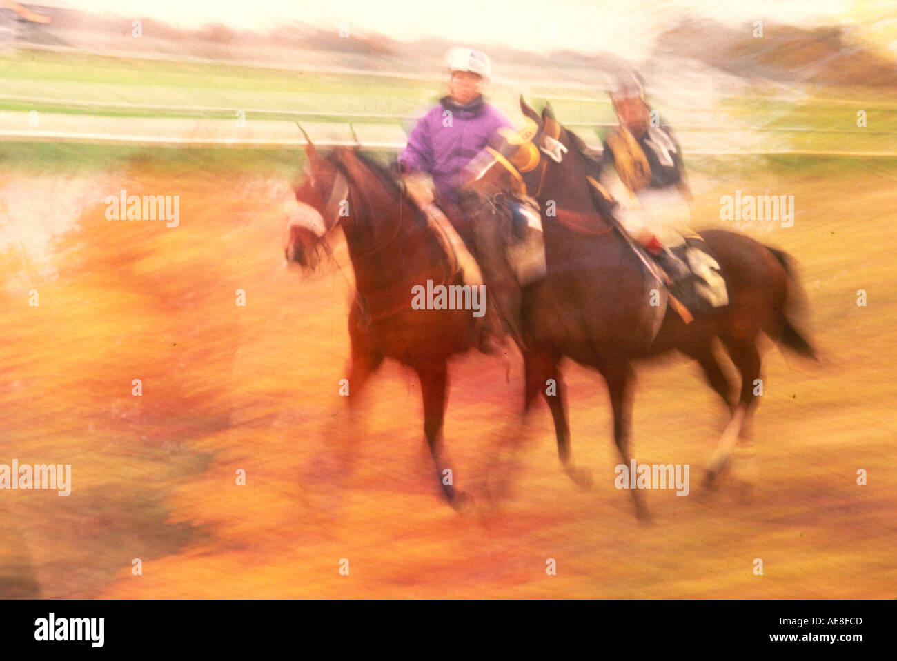 Two jockeys racing on a dusty horse track Stock Photo Alamy