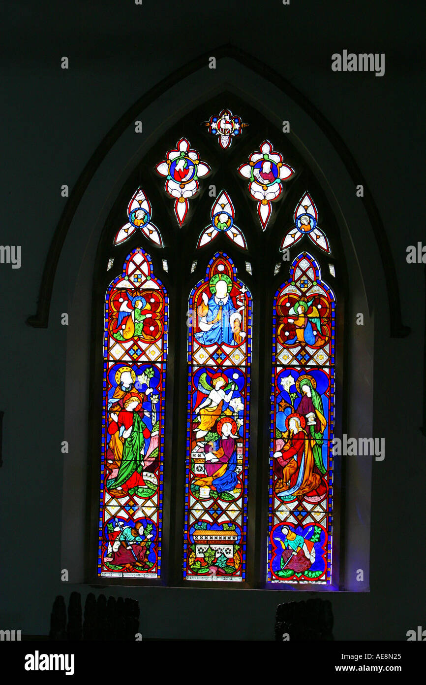 Beautiful stained glass windows in Lacock church Stock Photo