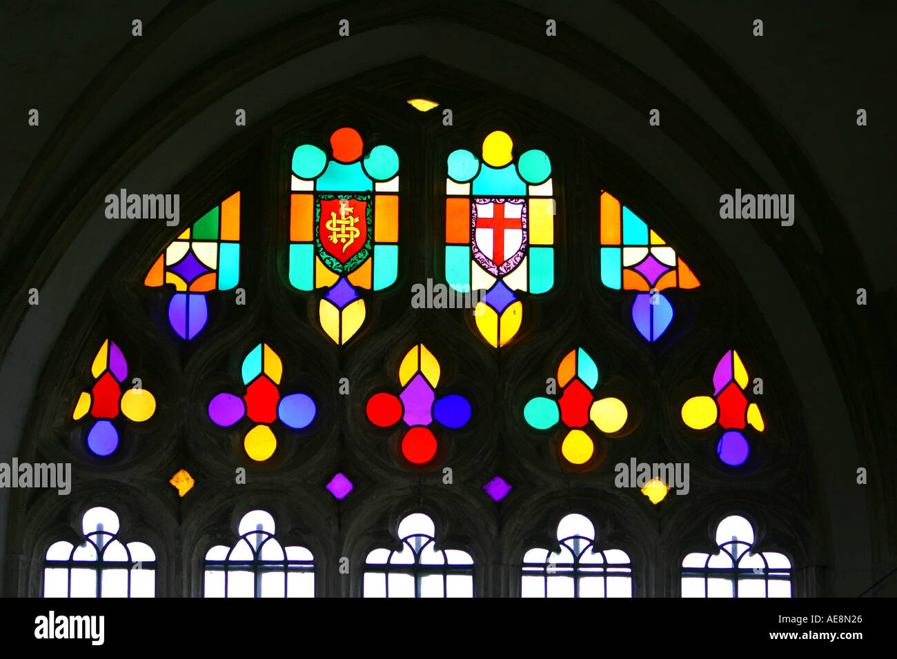 Beautiful stained glass windows in Lacock church Stock Photo