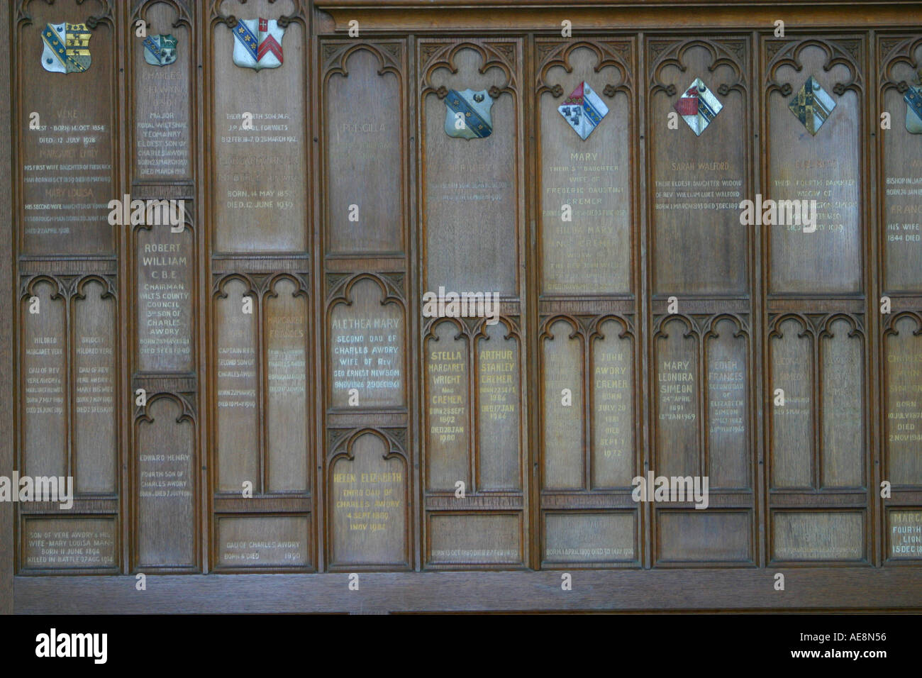 Oak panelling and memorial inscriptions Stock Photo
