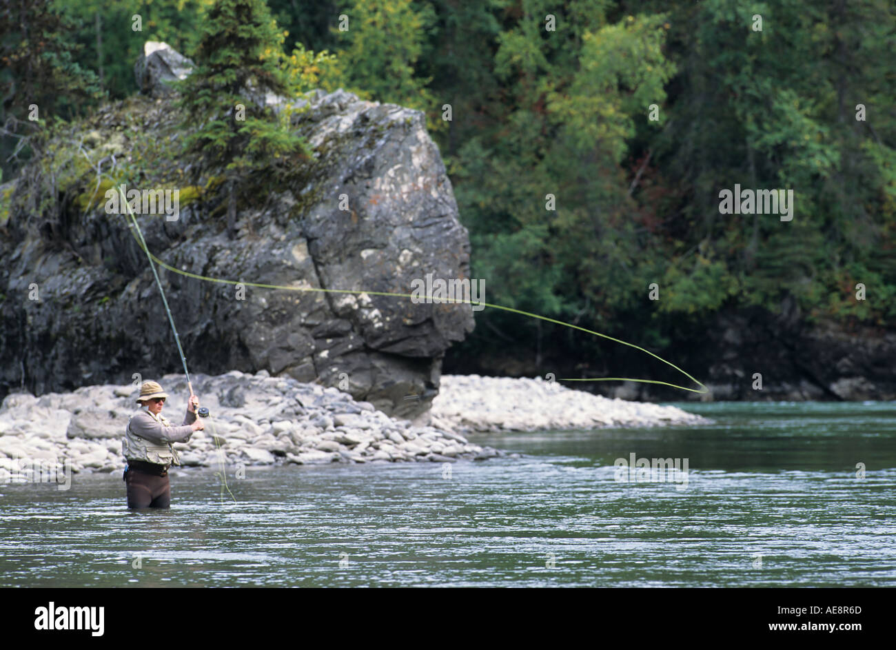 Flyfisherman casting for steelhead Bulkley river Smithers British Columbia Stock Photo