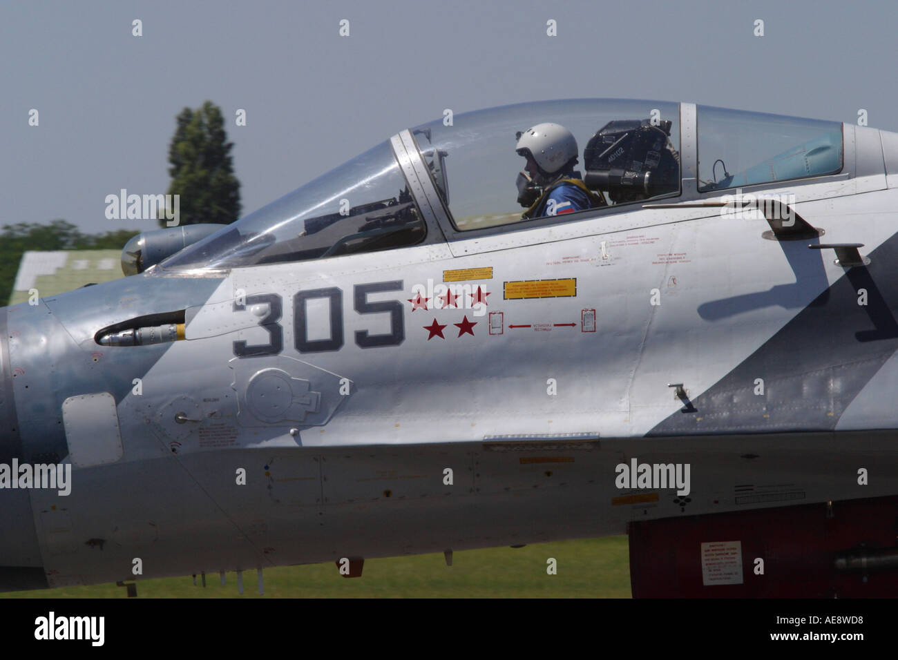 Russian built Sukhoi Su 27 air to air interceptor with pilot Stock Photo