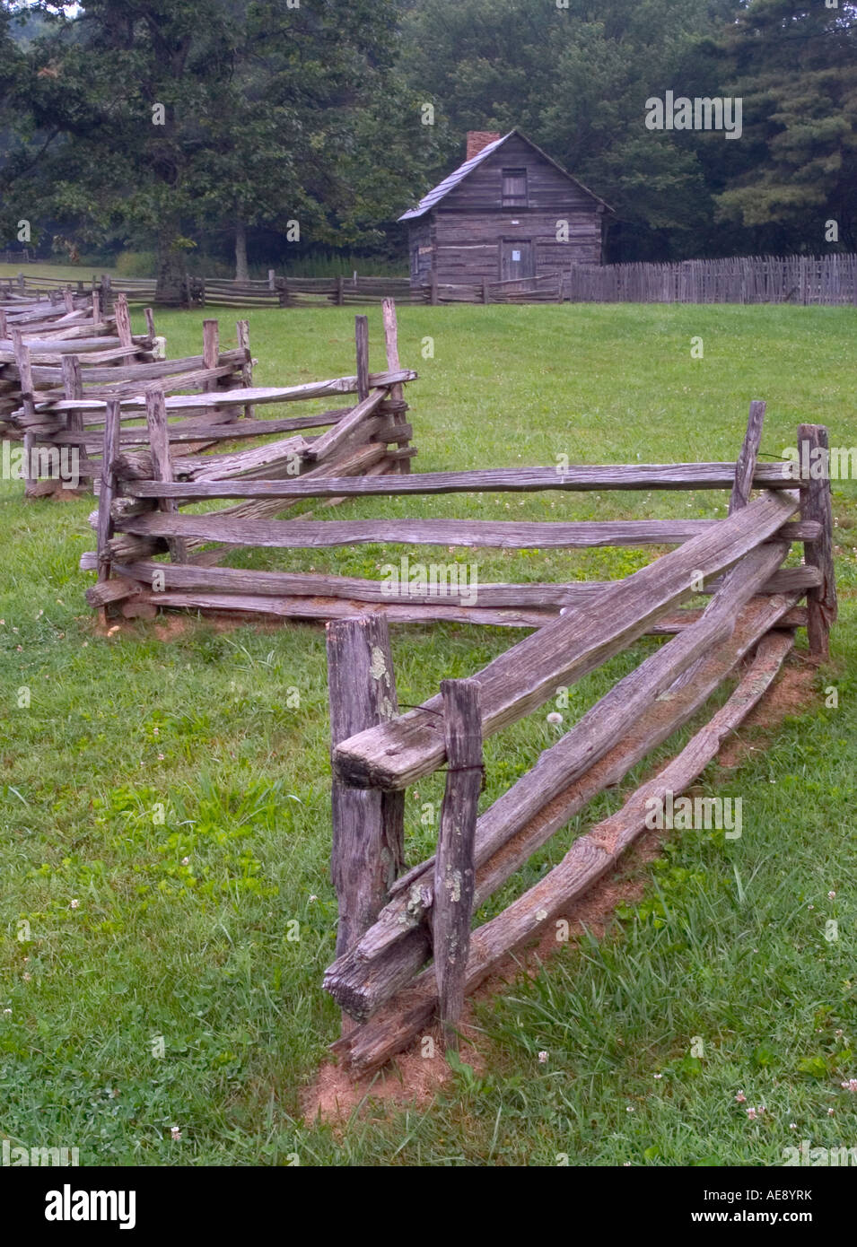 Log Fence And Cabin On Blue Ridge Parkway Virginia Stock Photo