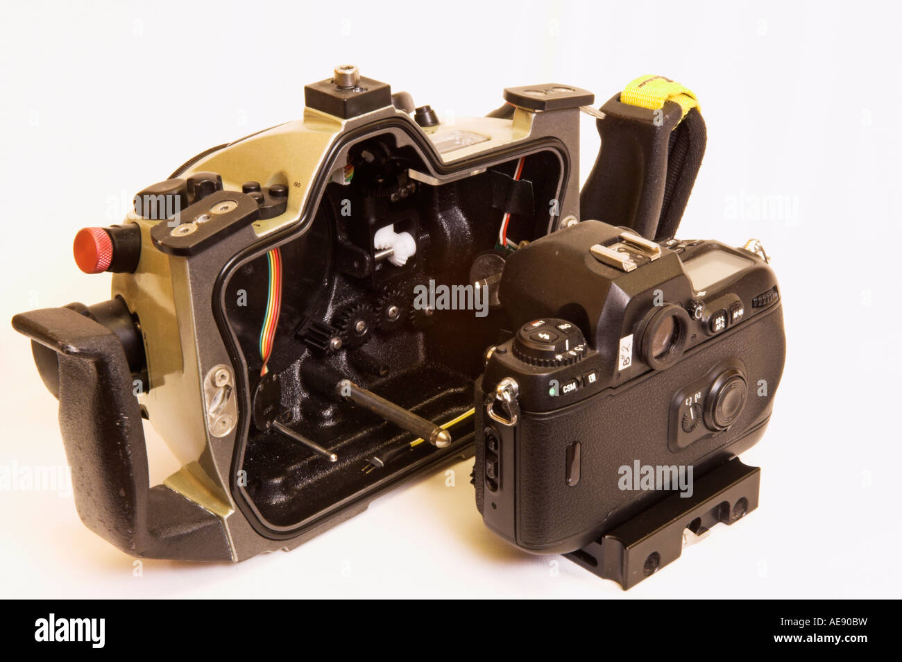 Closeup rear view open Subal N10 underwater camera housing for Nikon showing camera mounting Stock Photo