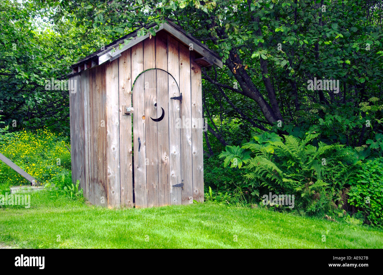 An outdoor toilet in the woods in Homer, Alaska USA Stock Photo