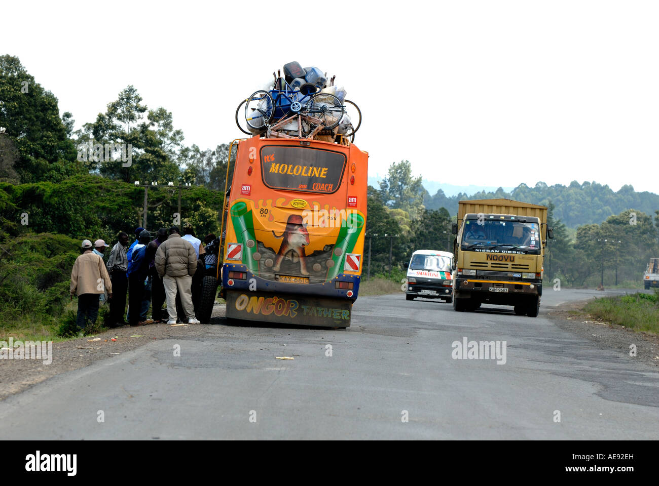 Broken down coach on the main Nairobi Kisumu road near Mau Summit Kenya East Africa Stock Photo