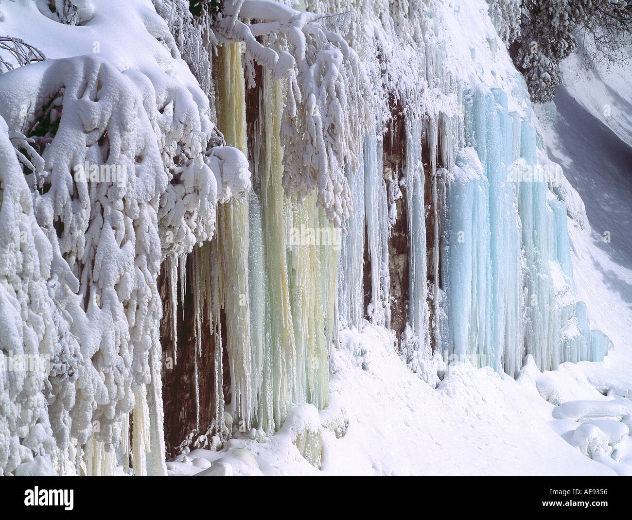 Ice fall at Tahquamenon Falls in the Upper Peninsula, Michigan Stock Photo