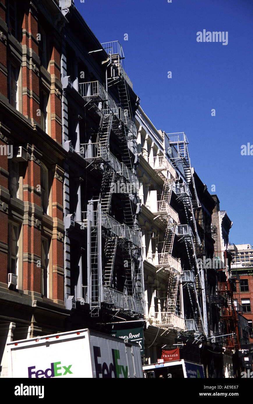 Fire escapes on the outside of Manhatten lofts Stock Photo