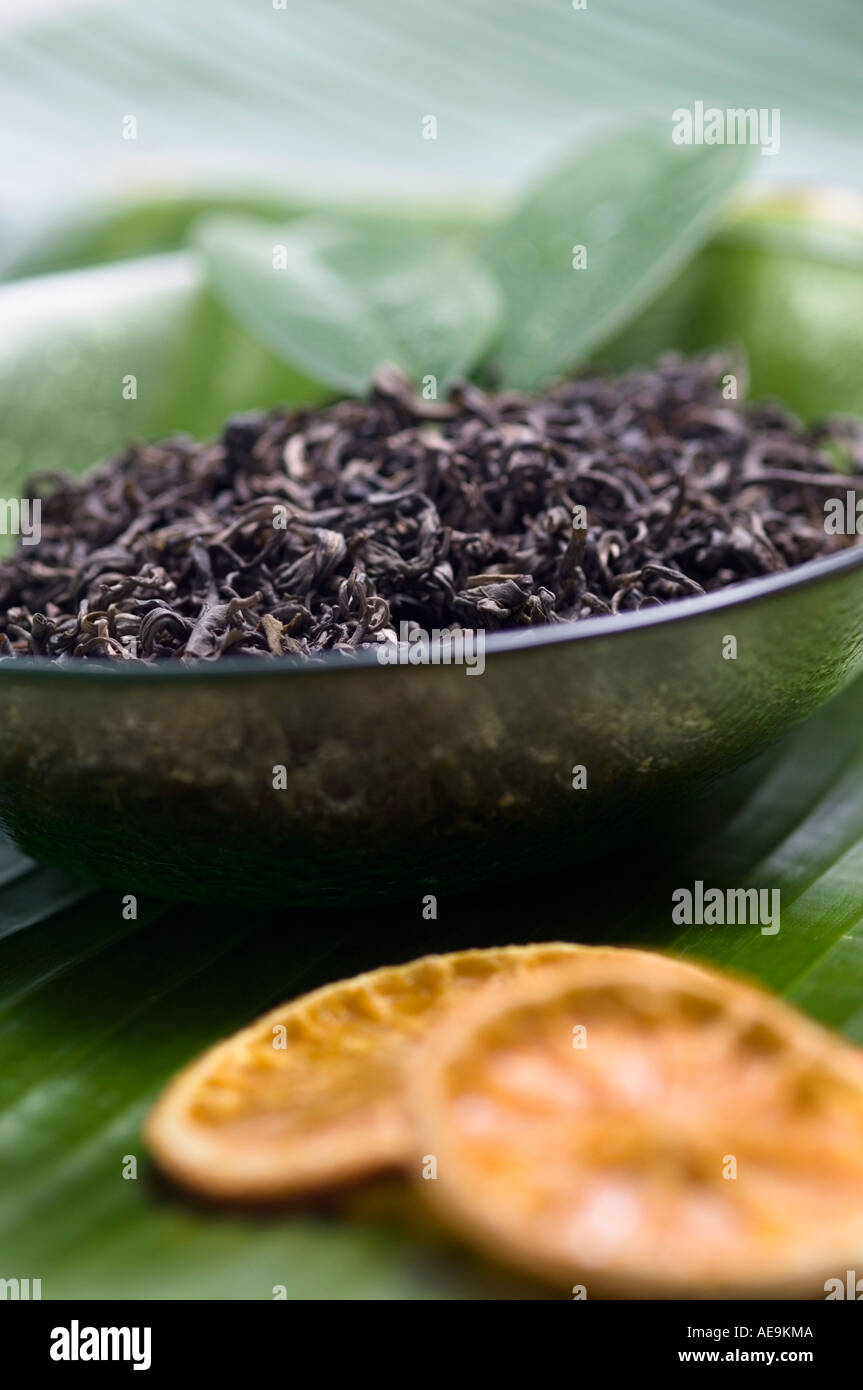 Dried green tea leaves, closeup Stock Photo Alamy