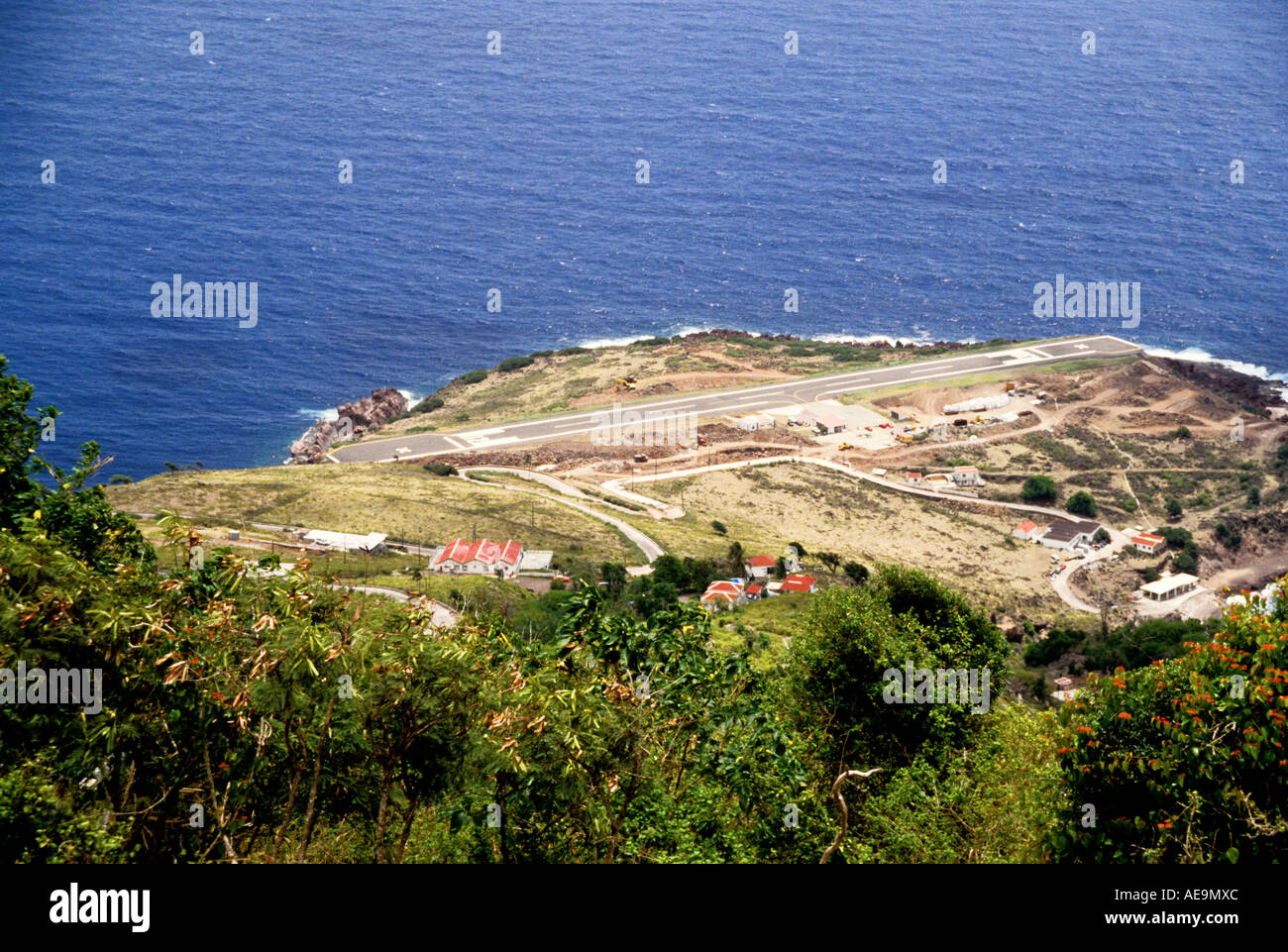 Saba's precarious landing strip at island s airport Stock Photo