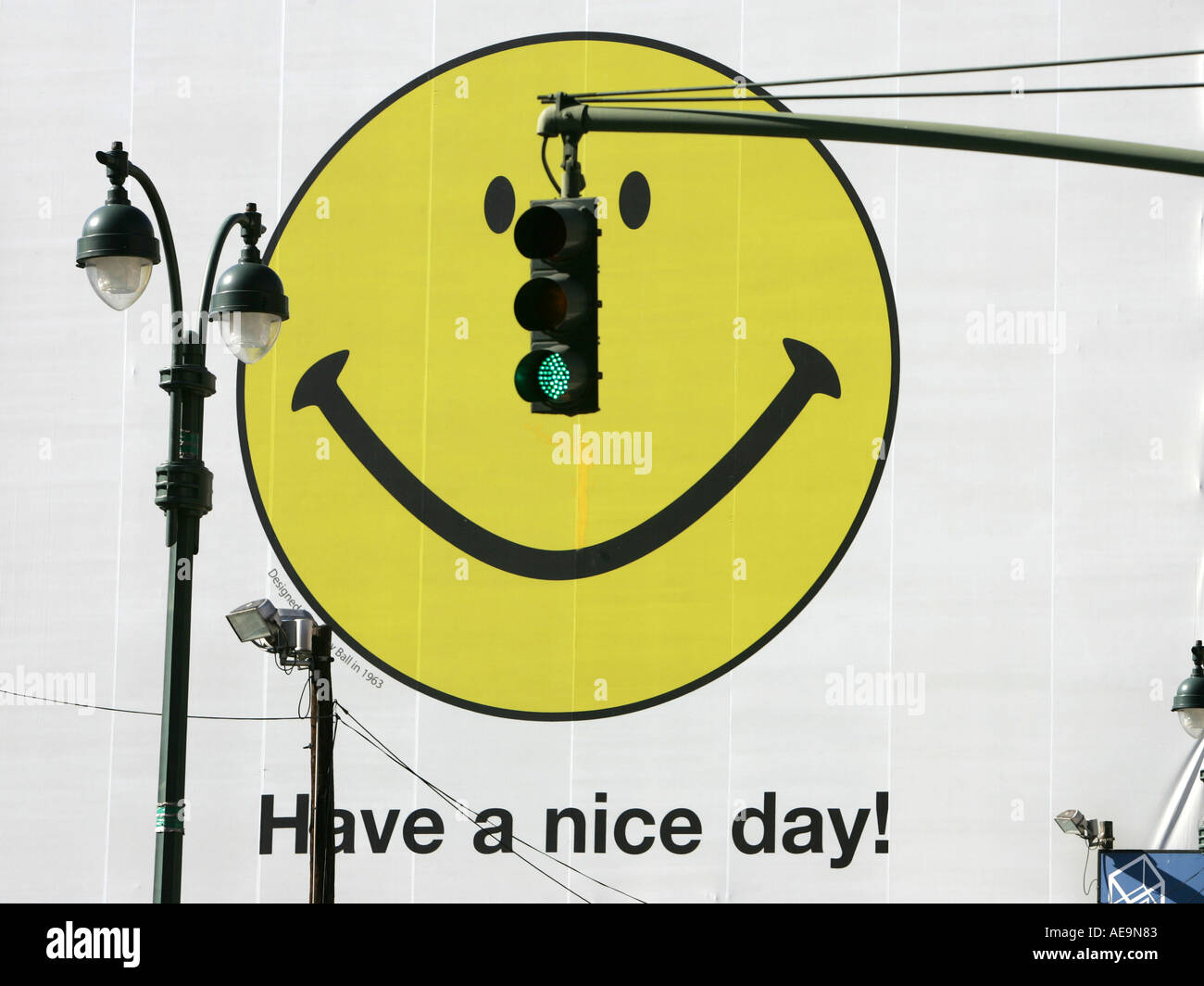 Billboard of New York Post newspaper with a smiley logo at 9th Avenue 33rd Street Stock Photo