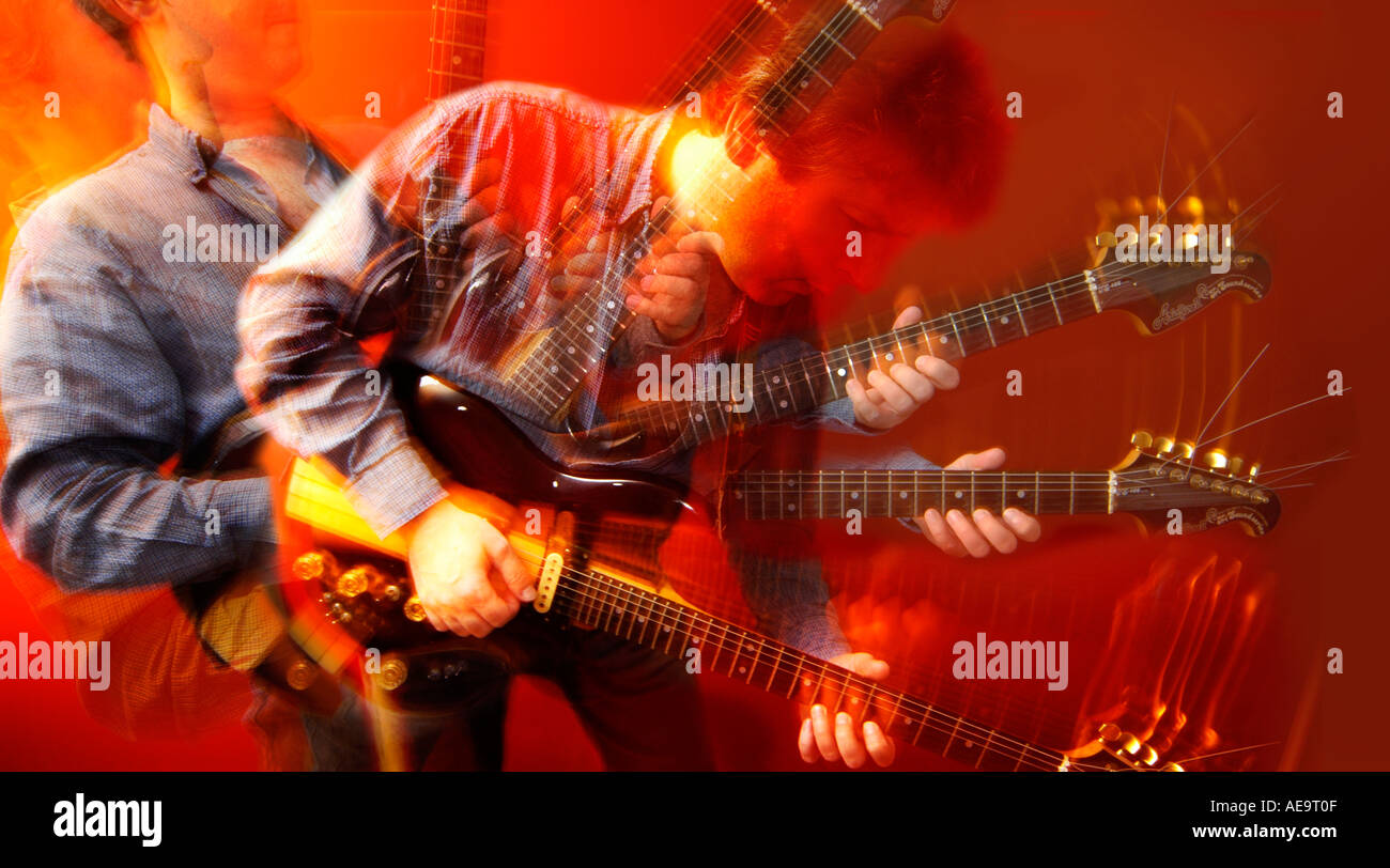 man male playing electric guitar showing motion movement against red wall  man guitar electric fast blur movement colour multiple Stock Photo - Alamy