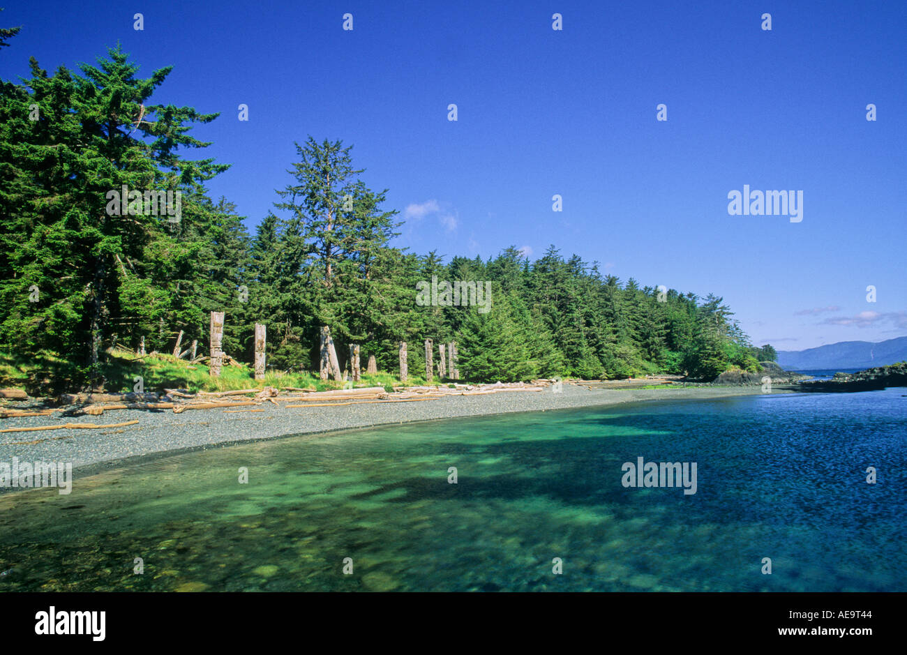 Nan Sdins totems Gwaii Haanas Queen Charlotte Islands BC Stock Photo