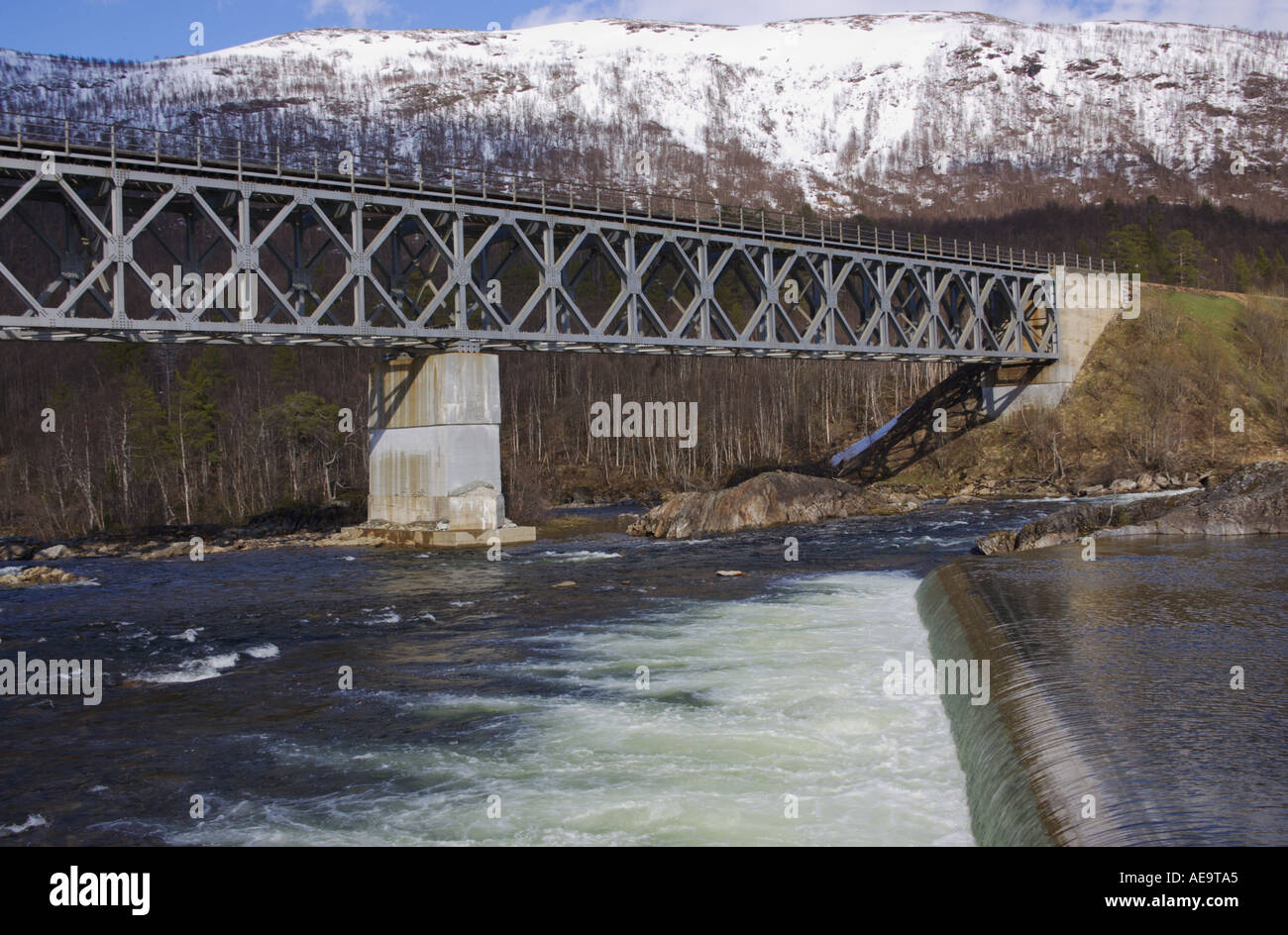 Ovre Raufjellfossen and arctic railway bridge Mo I Rana Nordland Norway Stock Photo