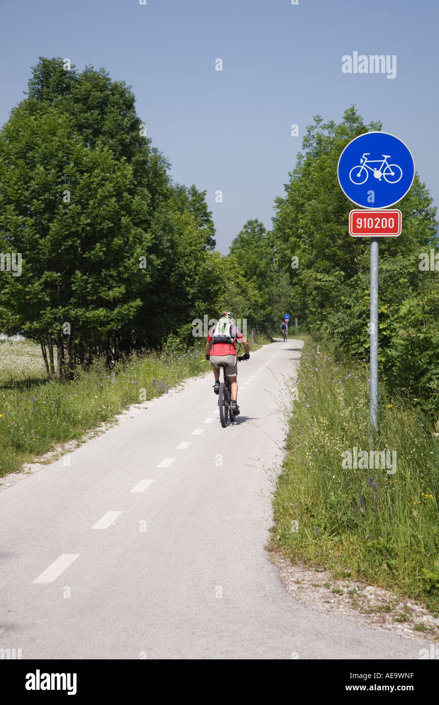 Kranjska Gora Slovenia. Cyclist cycling on marked cycle route through Zgornjesavska valley in Julian Alps in summer Stock Photo