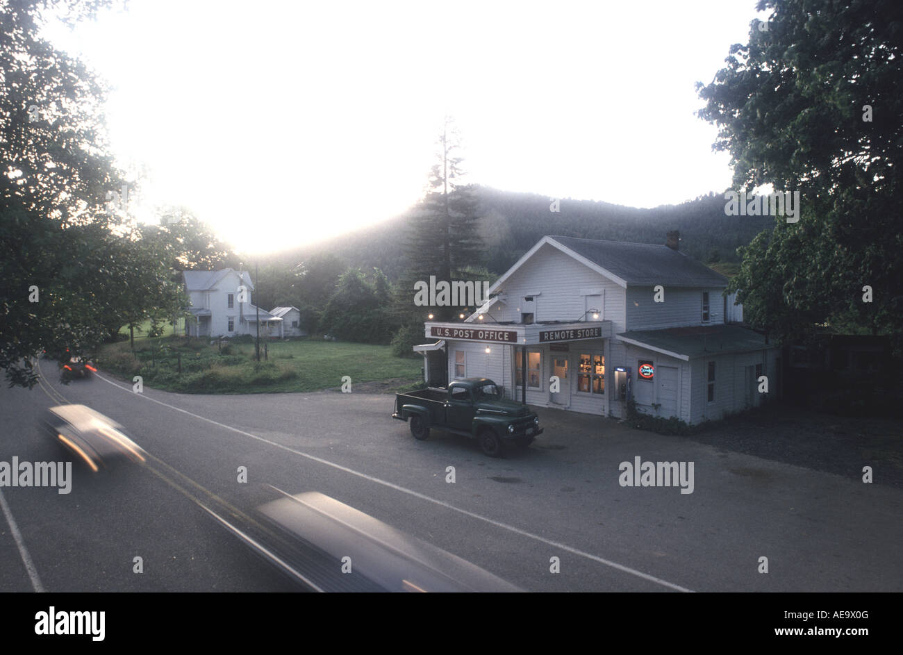 Remote Oregon Traffic goes by the remote grocery store in Remote oregon Stock Photo ...