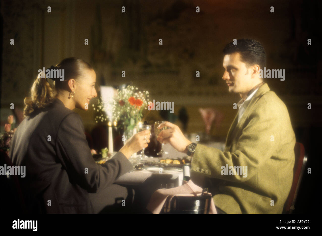 couple having romantic candlelit dinner for two Stock Photo