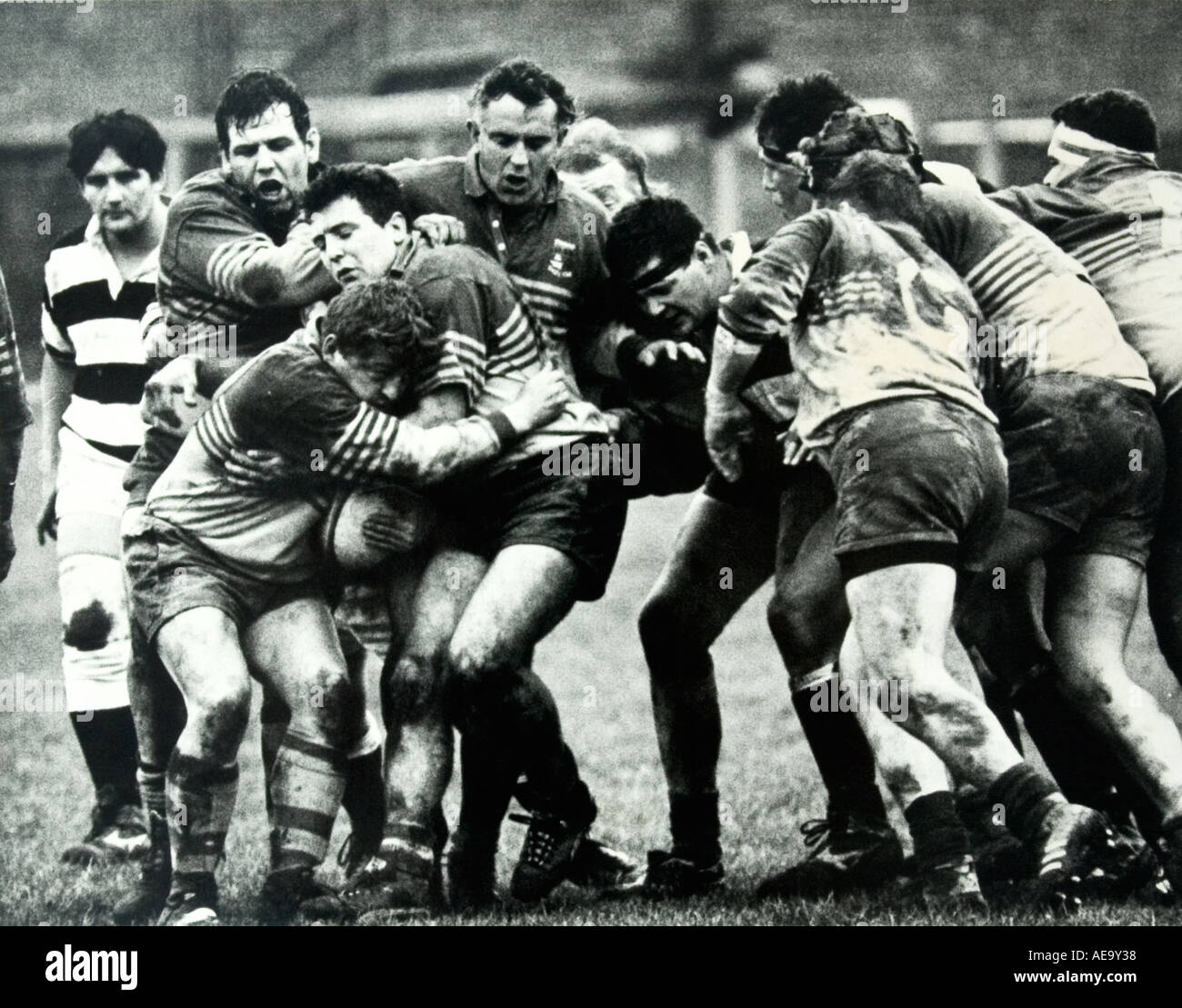 rugby match black and white close up detail of players in ruck Stock ...