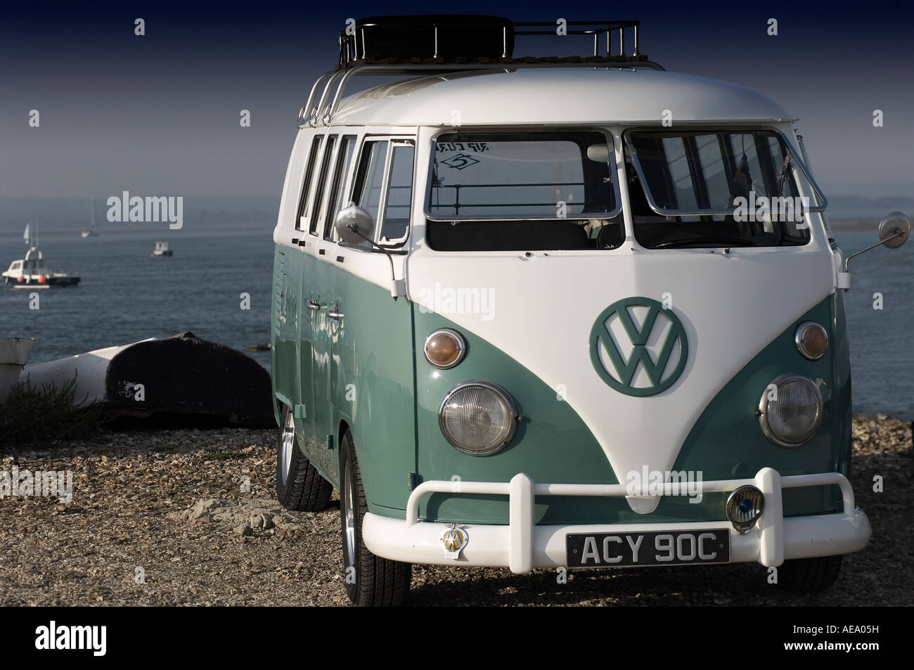 Camper van on the beach in Portsmouth Stock Photo