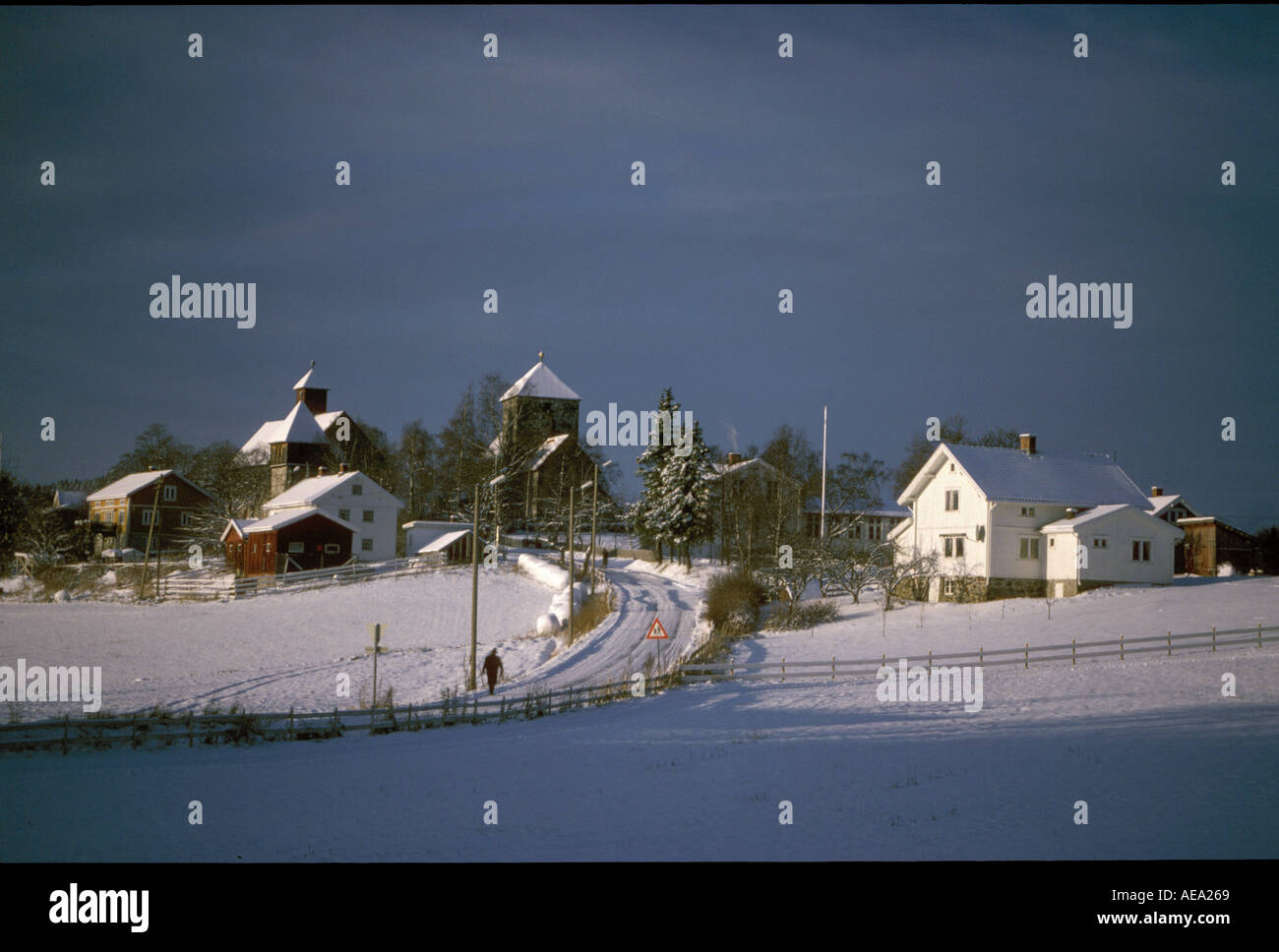 Norwegian landscape with small contryside town with snow in winter in southern Norway Stock Photo
