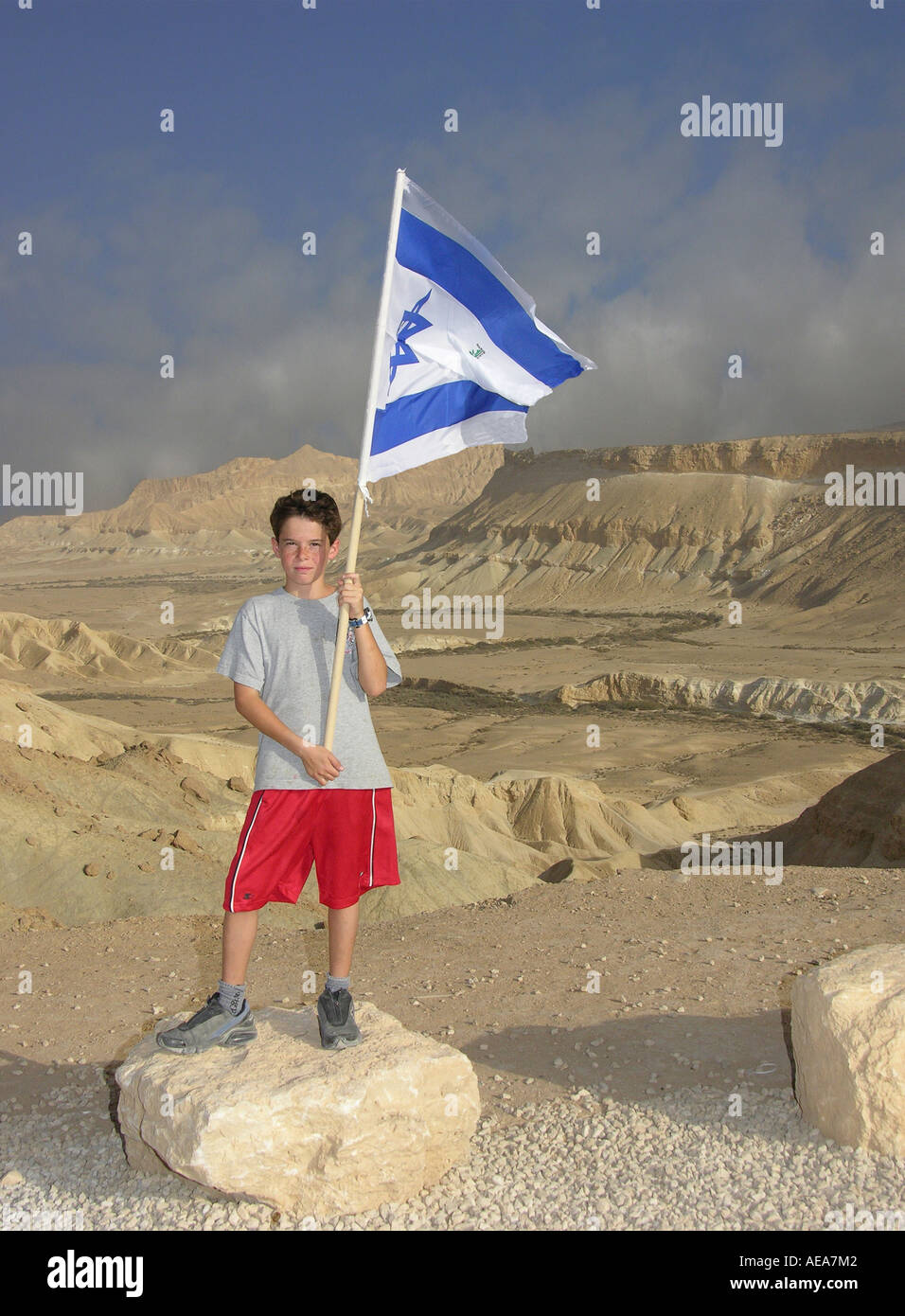 Boy waving the Israeli flag Stock Photo