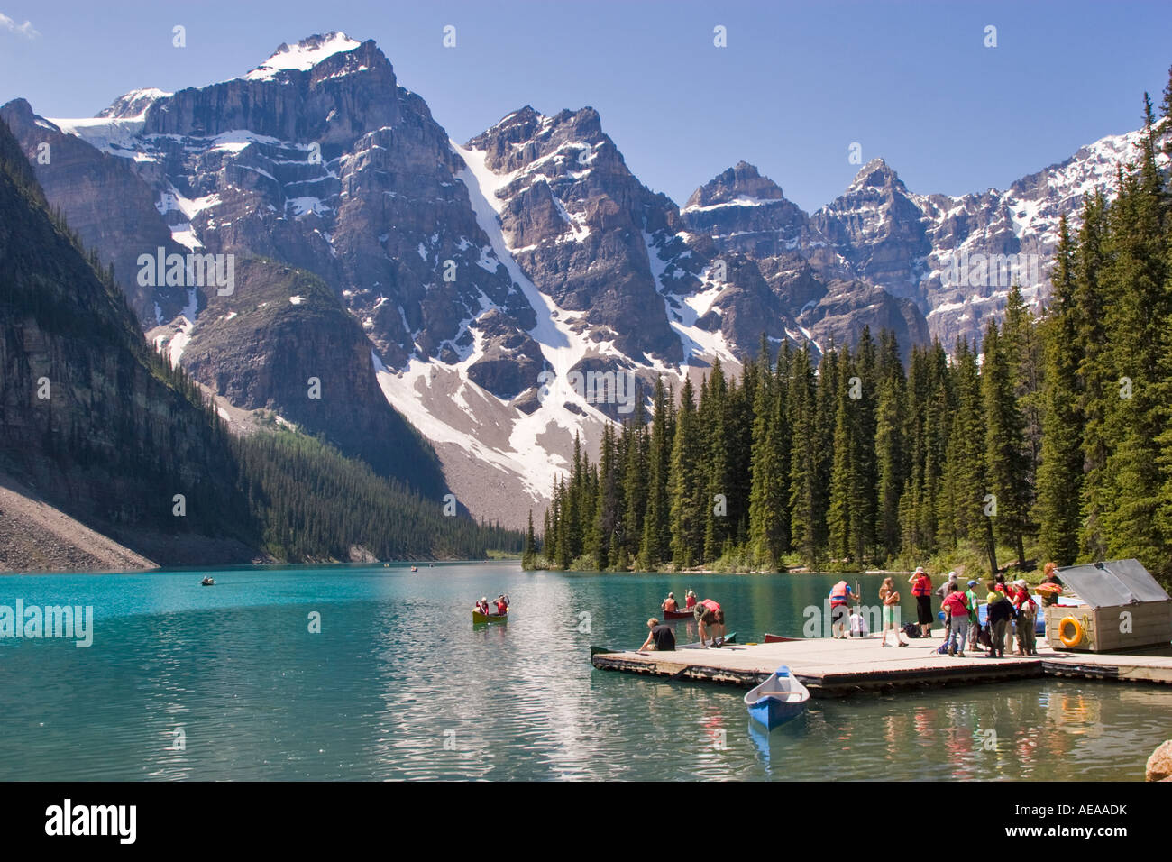 Banff Dock Canoe Dock on Moraine Lake in Banff National Park, Canada Stock Photo ...