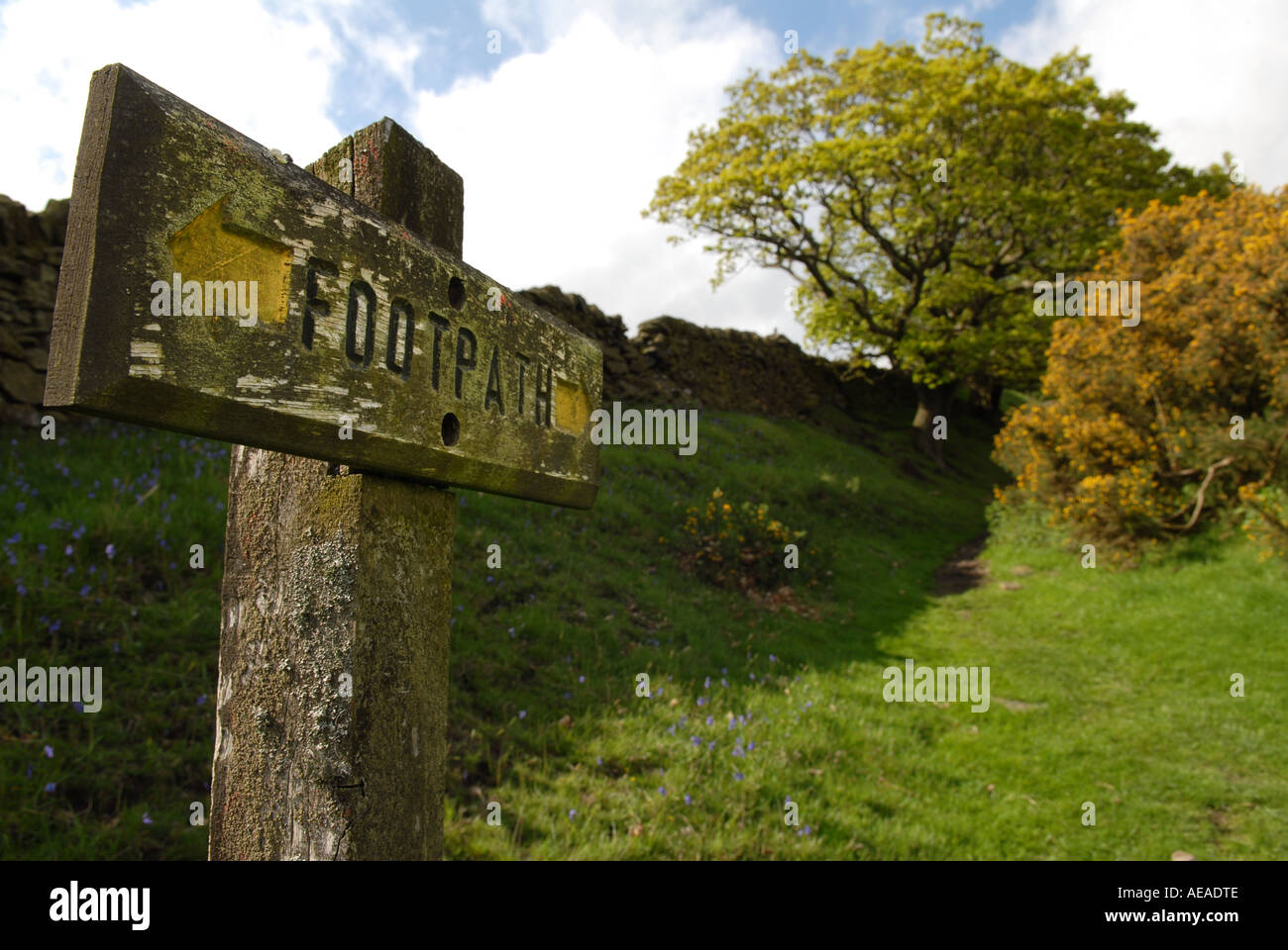 Footpath sign on National Trust property near Ladybower, Peak District. Stock Photo