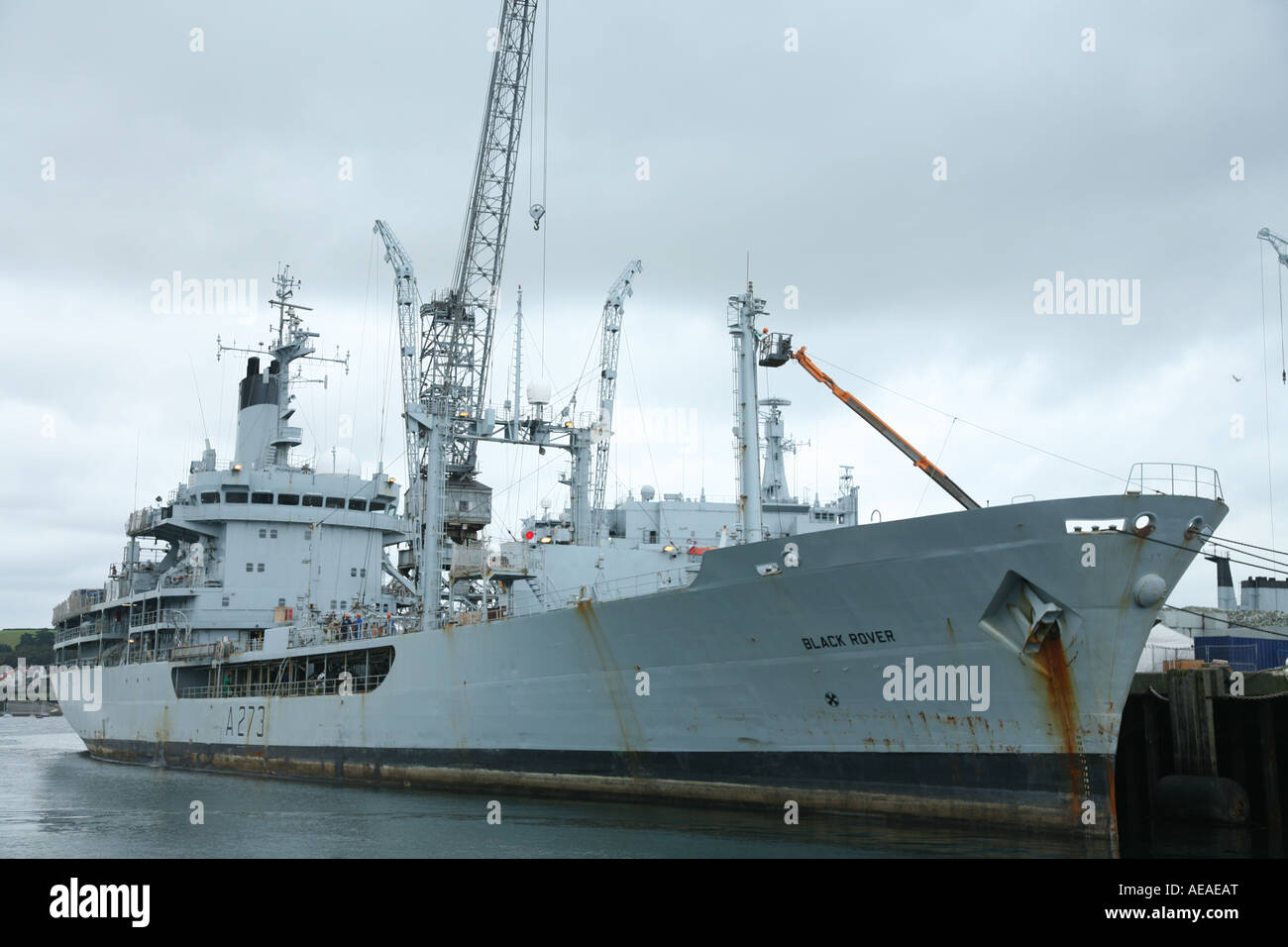 a royal navy battle ship getting repared in falmouth docks Stock Photo