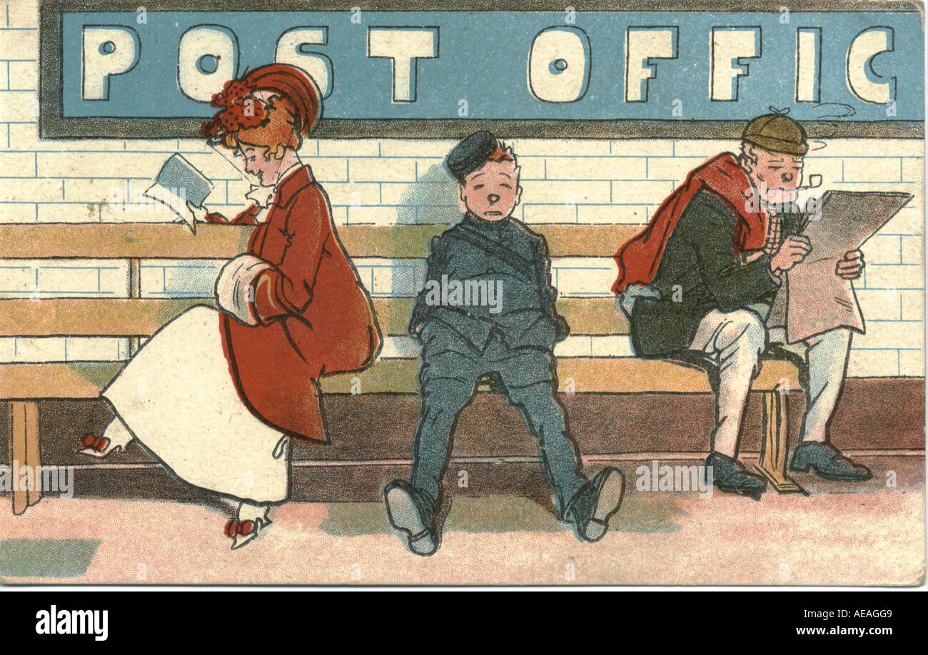Postcard of Post Office underground station circa 1904 by artist Phil May Stock Photo