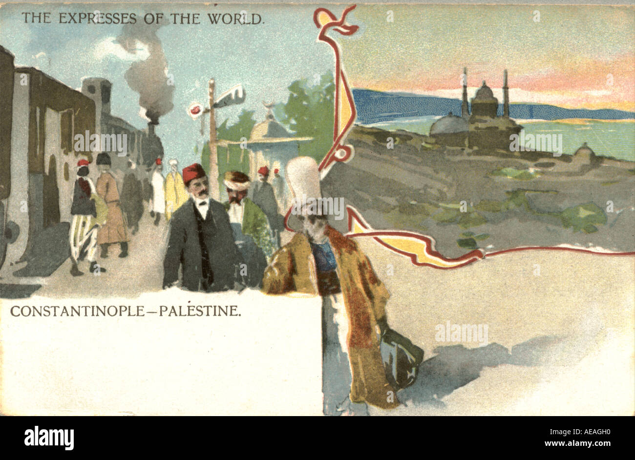 Postcard of express trains of the world:  Constantinople to Palestine circa 1910 Stock Photo
