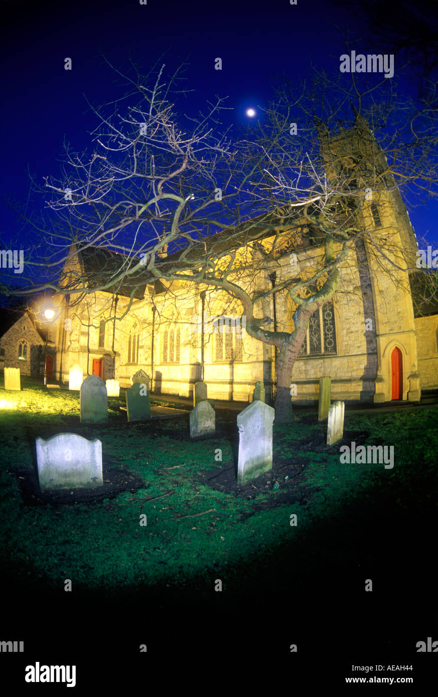 old english church beckenham kent london night dark spooky fisheye lens full moon Stock Photo