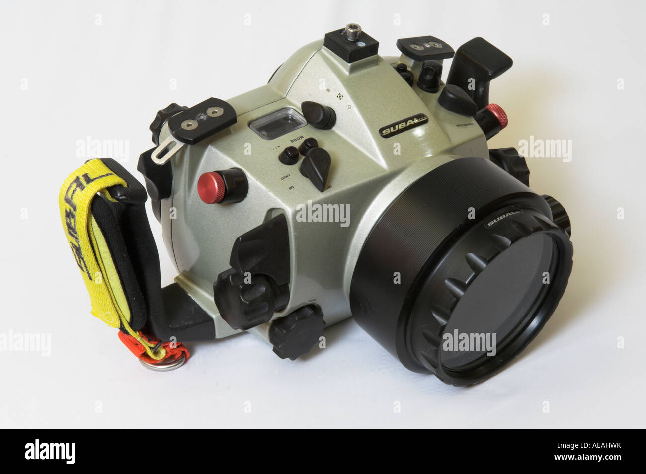 Closeup front view Subal N10 underwater camera housing for Nikon with macro port Stock Photo
