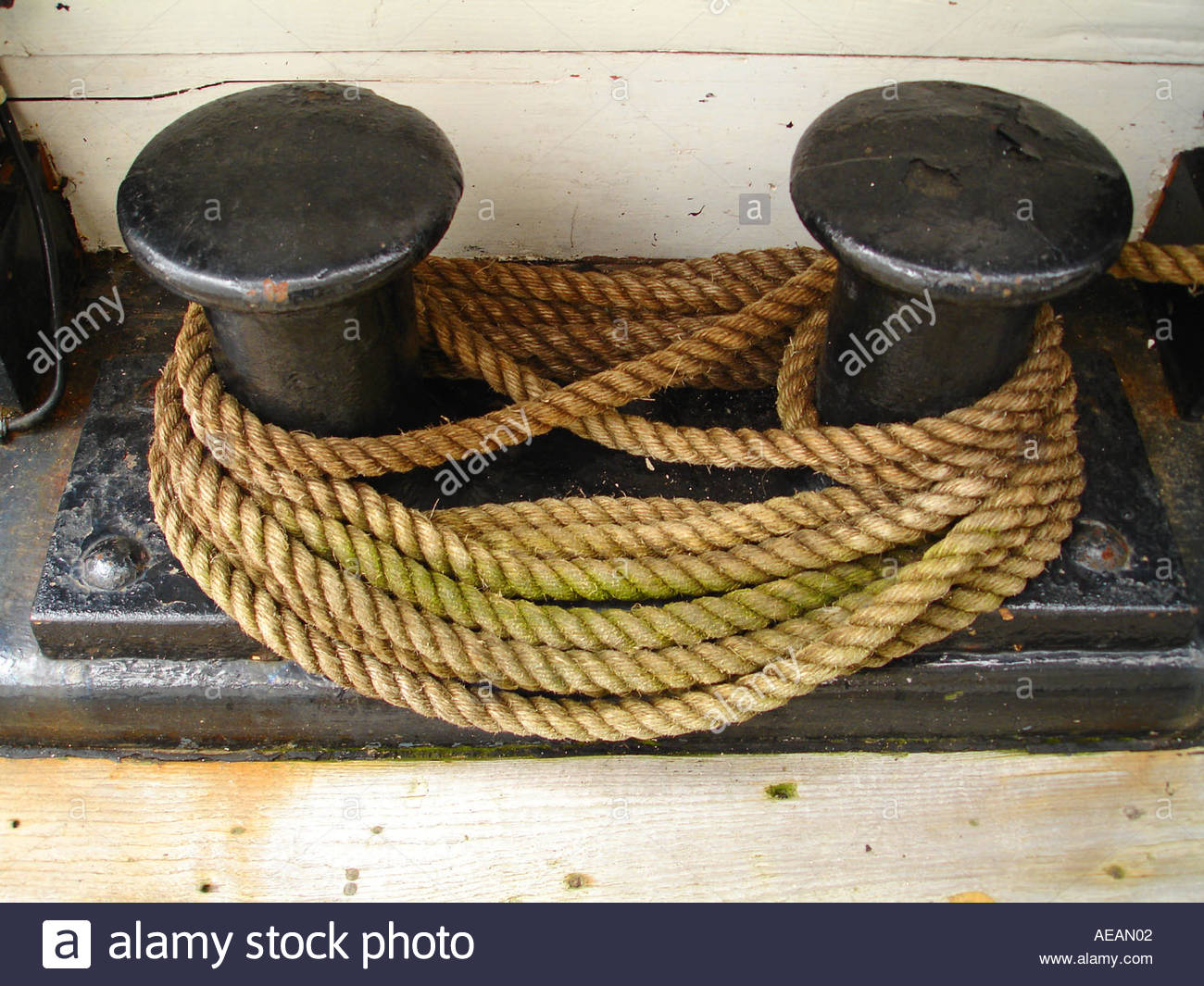A tall ships rigging and cleat Stock Photo