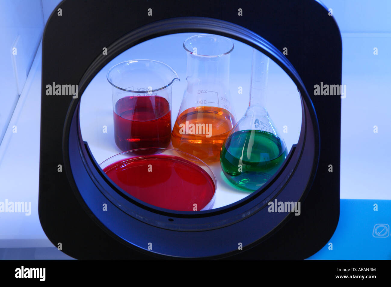 Petri dish and chemical flasks in Industrial Chemistry Laboratory Stock