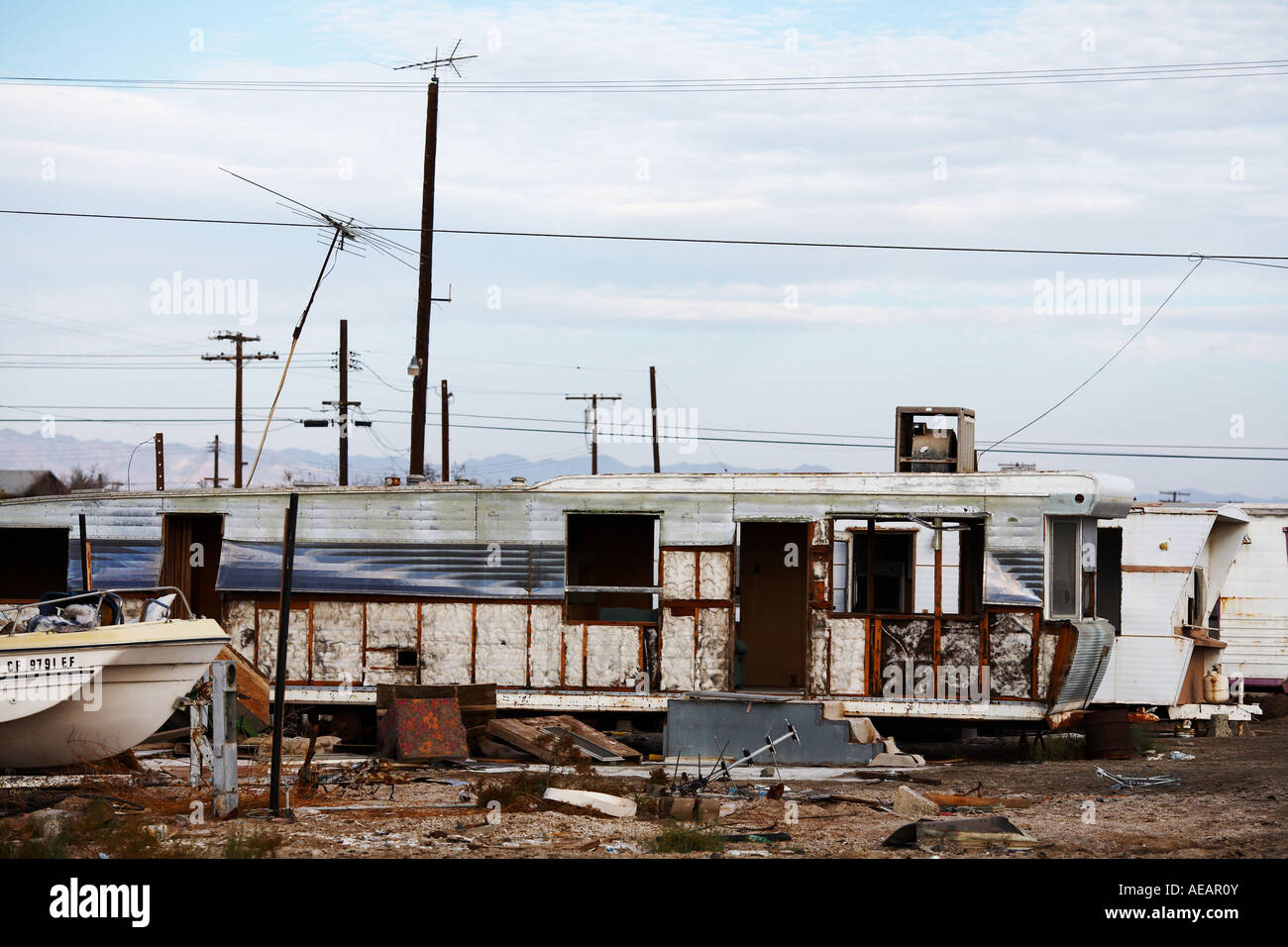 Smashed and Abandoned Mobile Home at Bombay Beach Salton Sea California USA Stock Photo