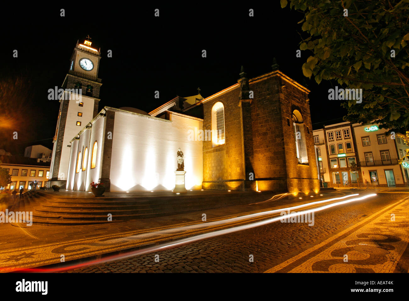 Night photo showing the Mother Church (Igreja Matriz) of Ponta Delgada. Azores islands, Portugal. Stock Photo