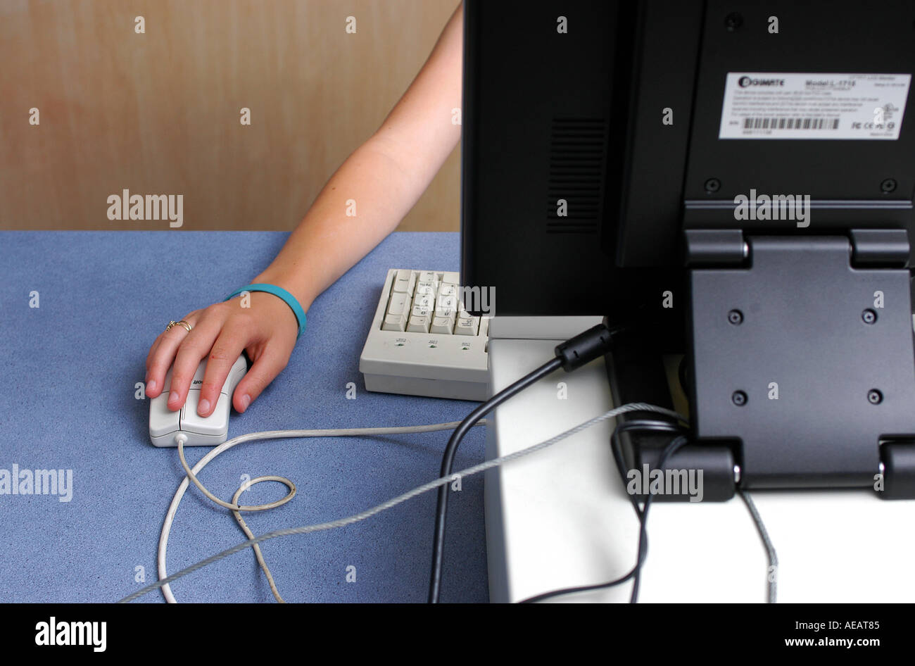 a childs hands pictured using a mouse at a pc computer station in a ...