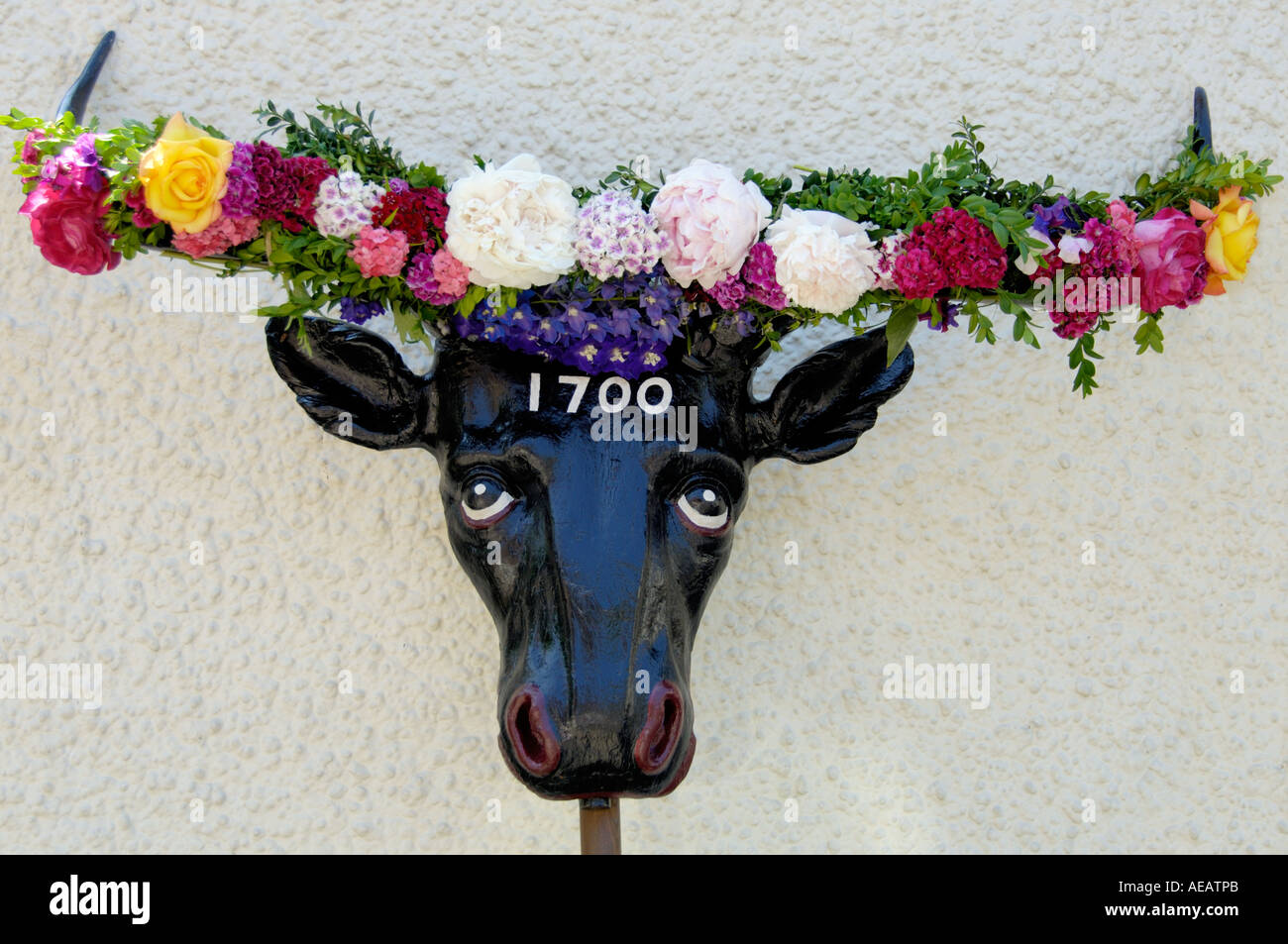 Wooden Cows head Morris Dancing Abingdon on Thames England Stock Photo