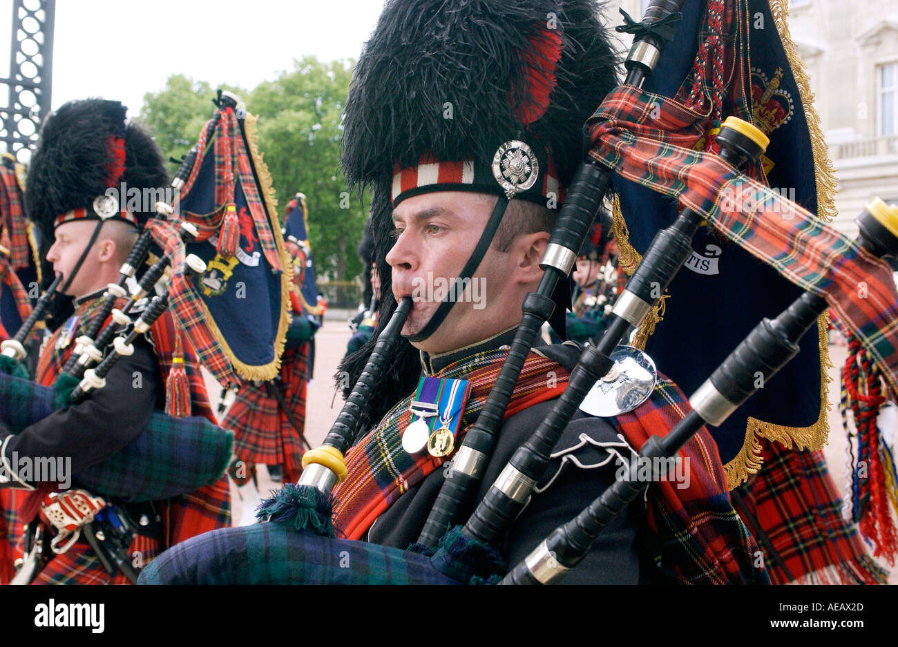 Scots Guards playing bagpipes in the Trooping the Colour parade London Stock Photo