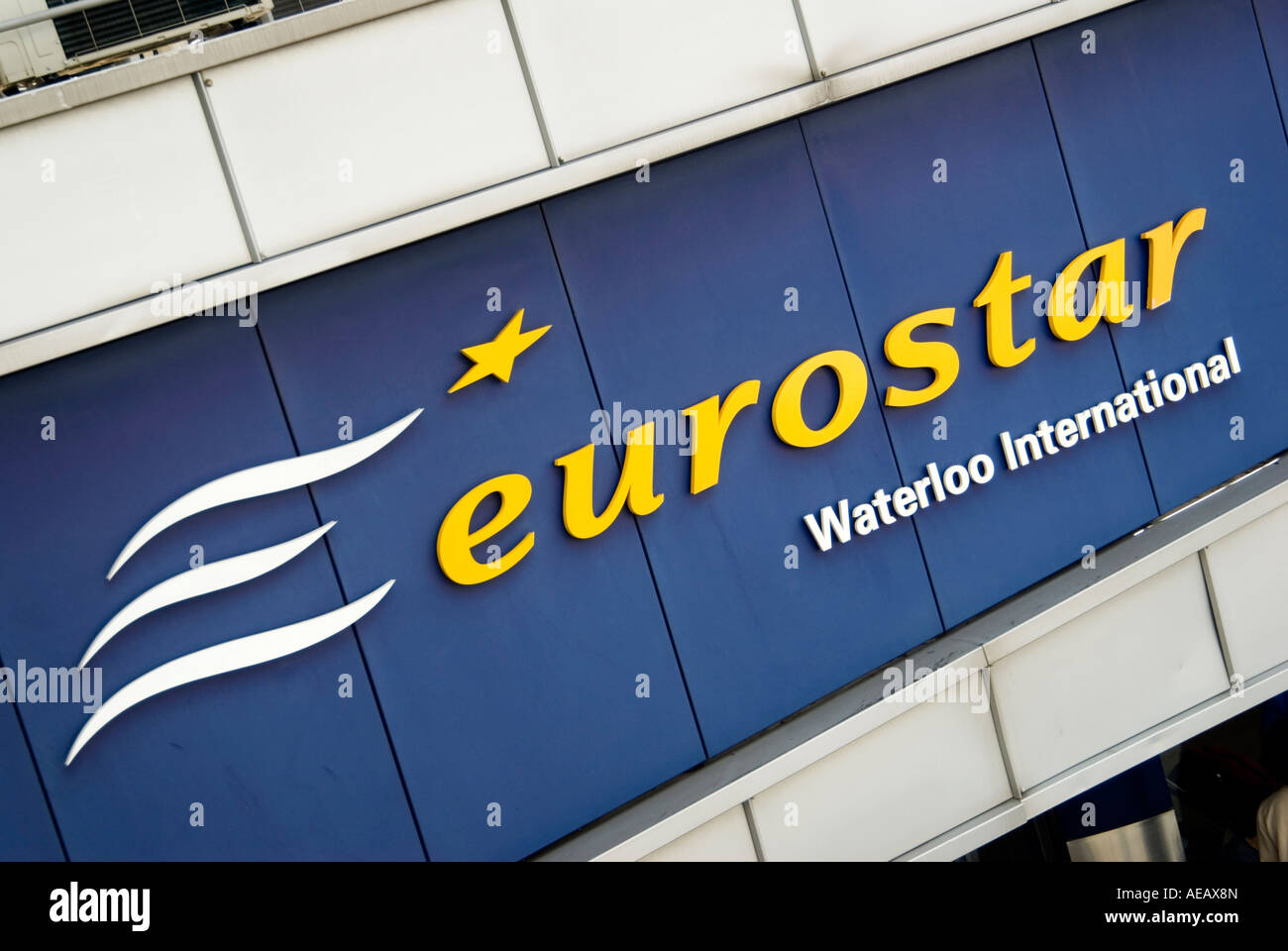 Eurostar company sign at London Waterloo train station UK Stock Photo