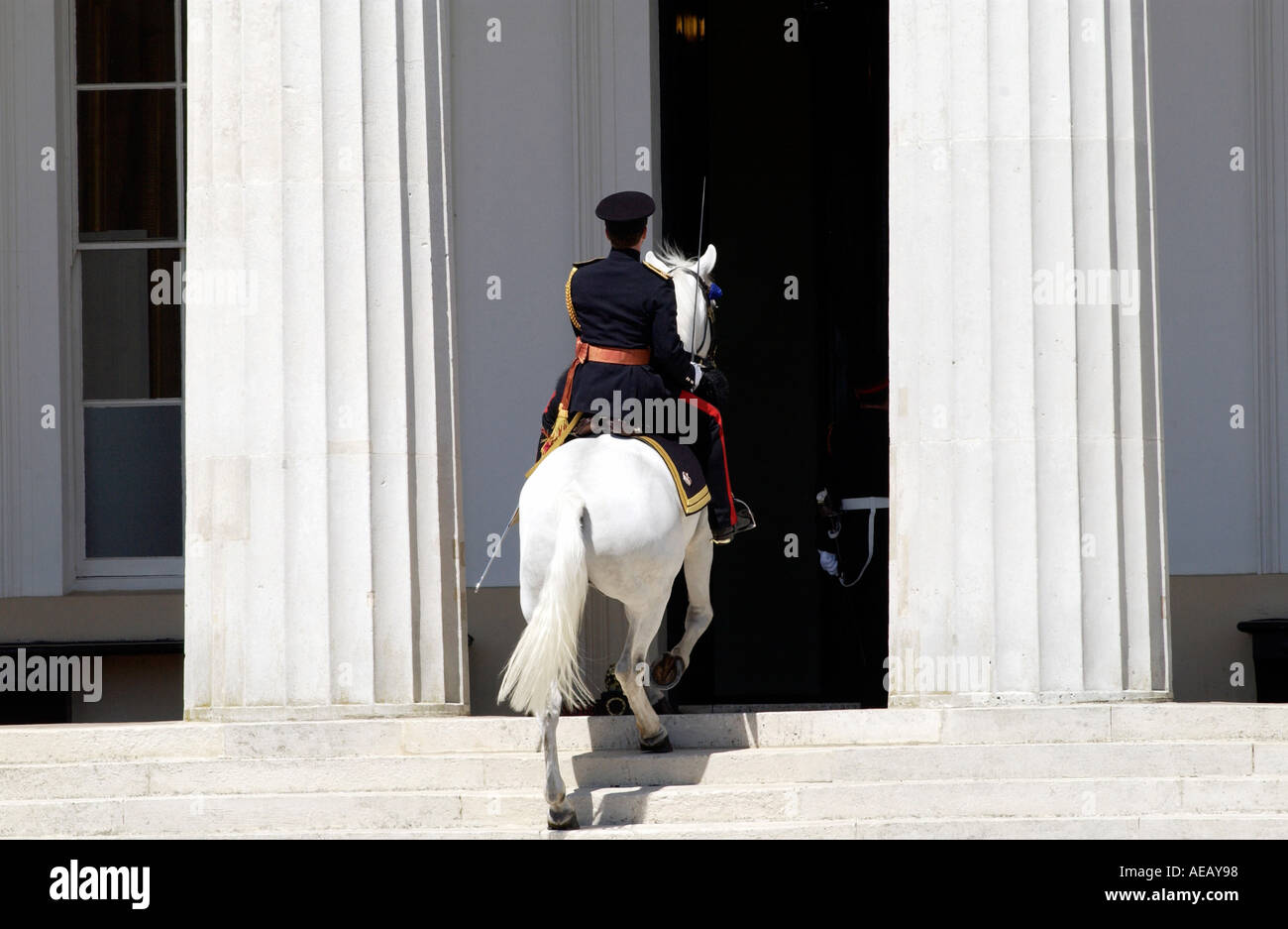 Colonel's horse climbs steps into Sandhurst Royal Military Academy in Surrey Stock Photo