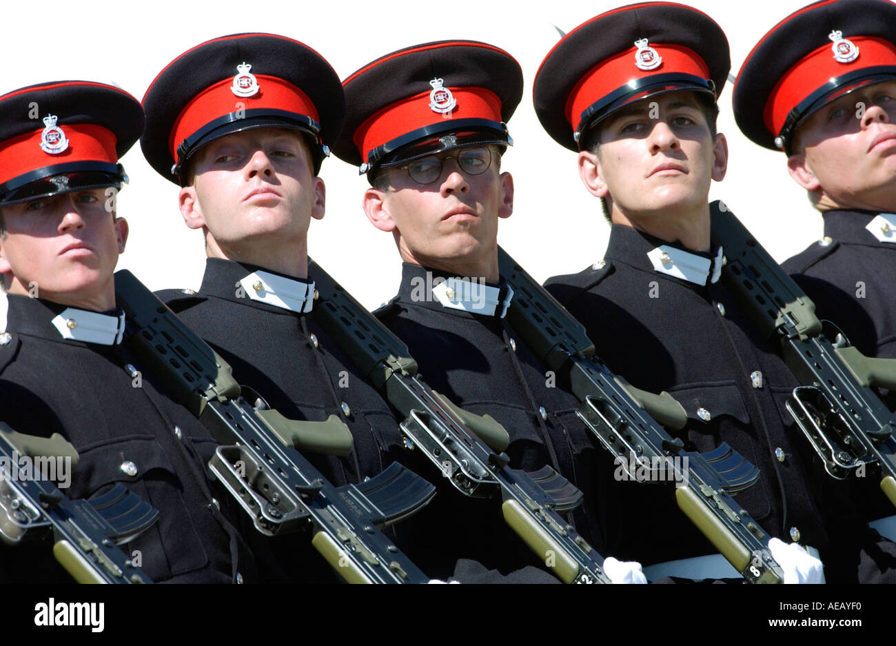 Officer cadets march at Passing Out Parade at Sandhurst Royal Military Academy Surrey Stock Photo