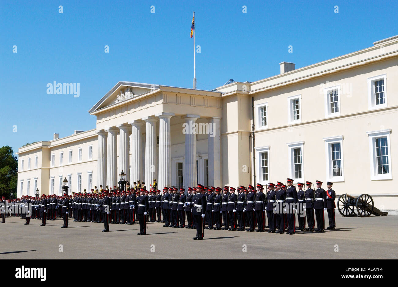 Military cadets at Sovereign s Parade at Sandhurst Royal Military Academy Surrey Stock Photo