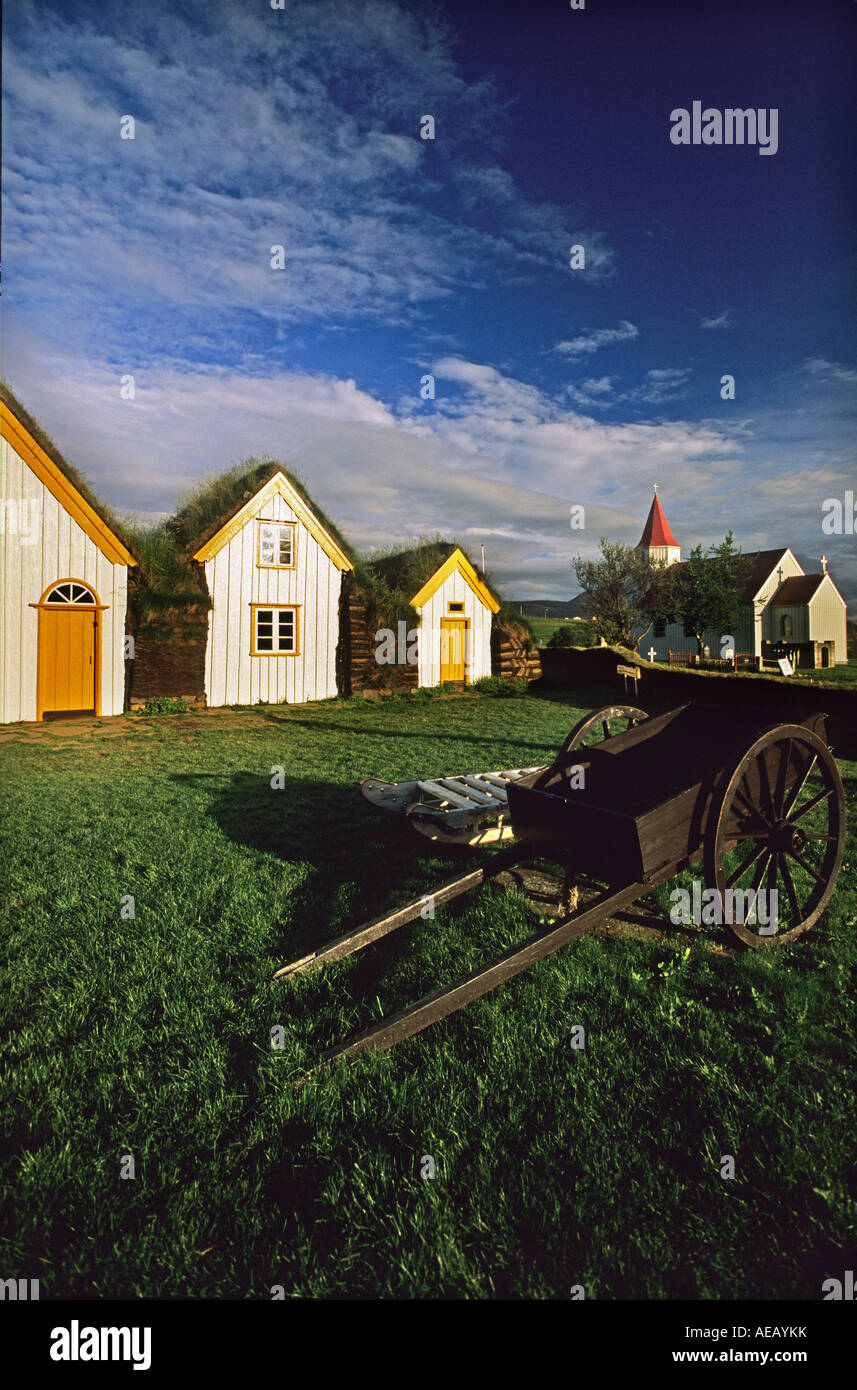 Iceland Varmahlid Varmahlith Turf roofed farms against sky Stock Photo