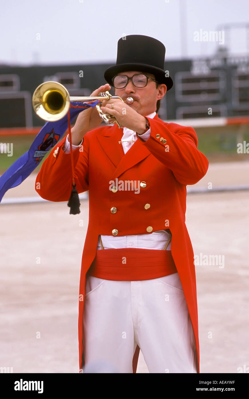 Trumpeter announces the start of racing at Prairie Meadows horse race track Des Moines Iowa IA Stock Photo